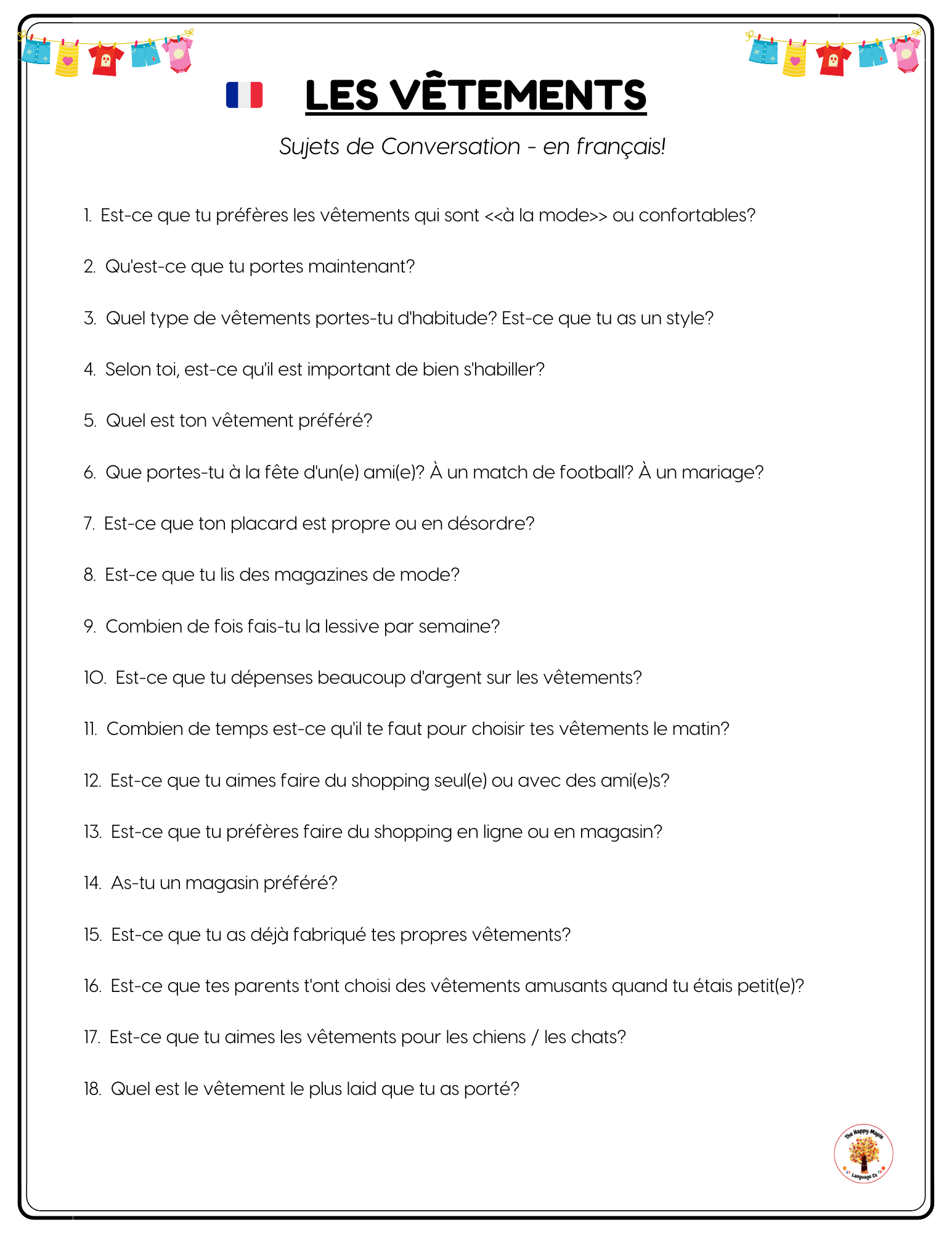 French Conversation Questions Les Vêtements / Clothing Free Download