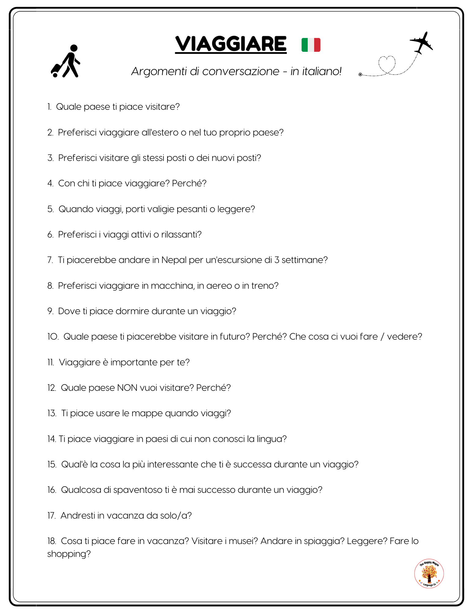 Italian Travel Conversation Questions for Language Classes