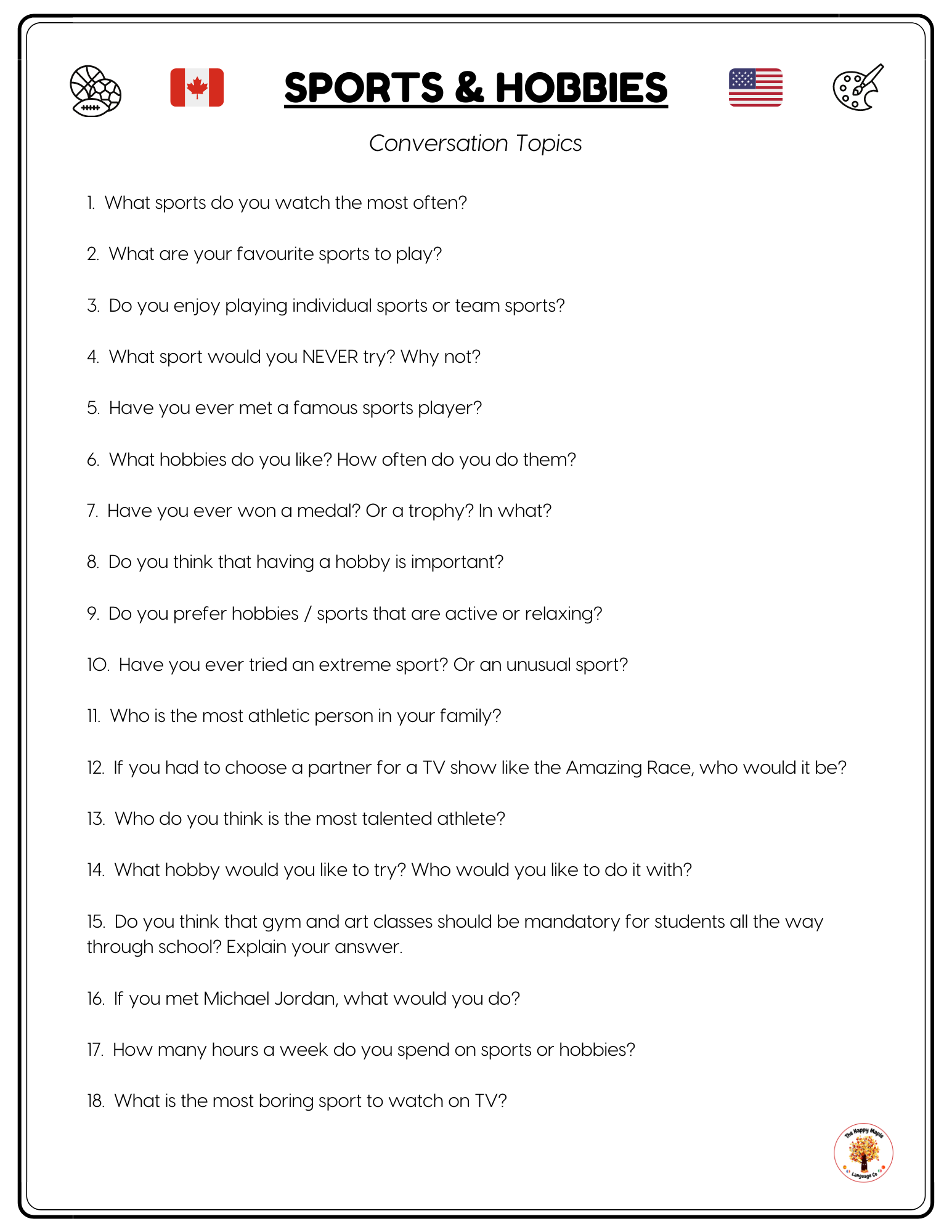 English ESL Sports and Hobbies PDF Download Printable Conversation Questions