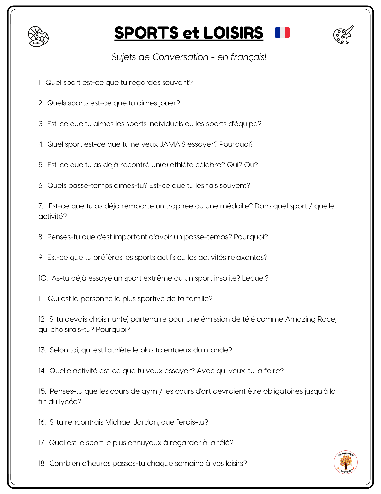 French Conversation Questions Sports et Loisirs Free Printable Download