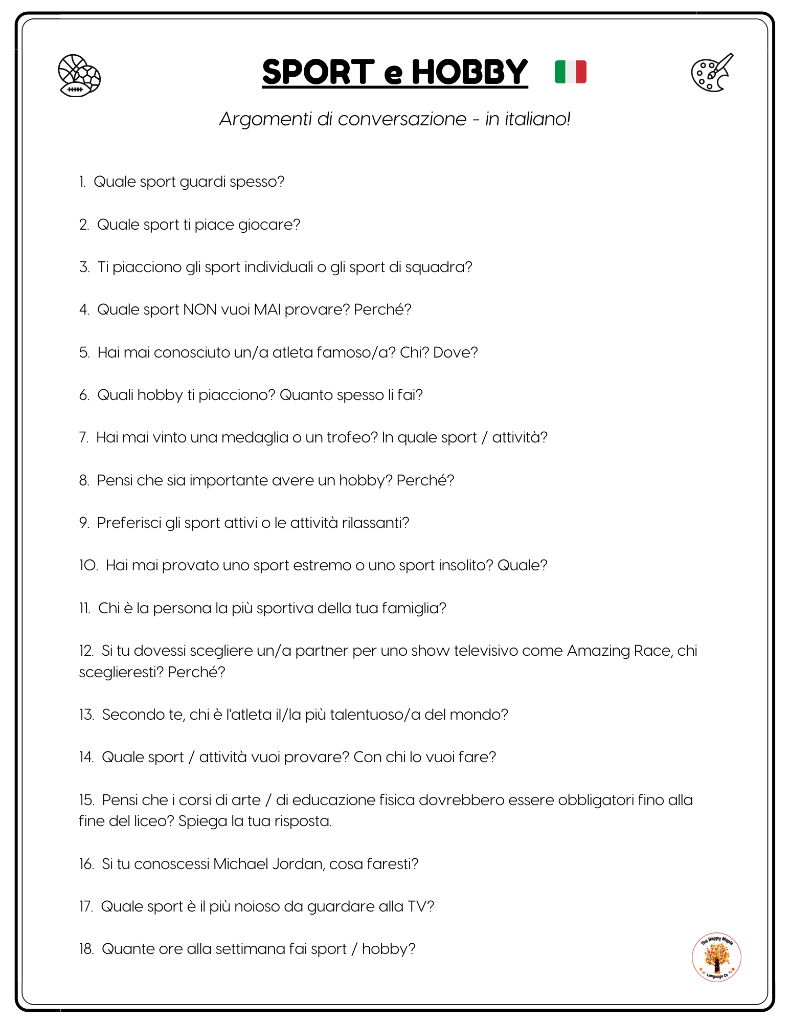 Italian Conversation Questions about Sports and Hobbies Free PDF Download