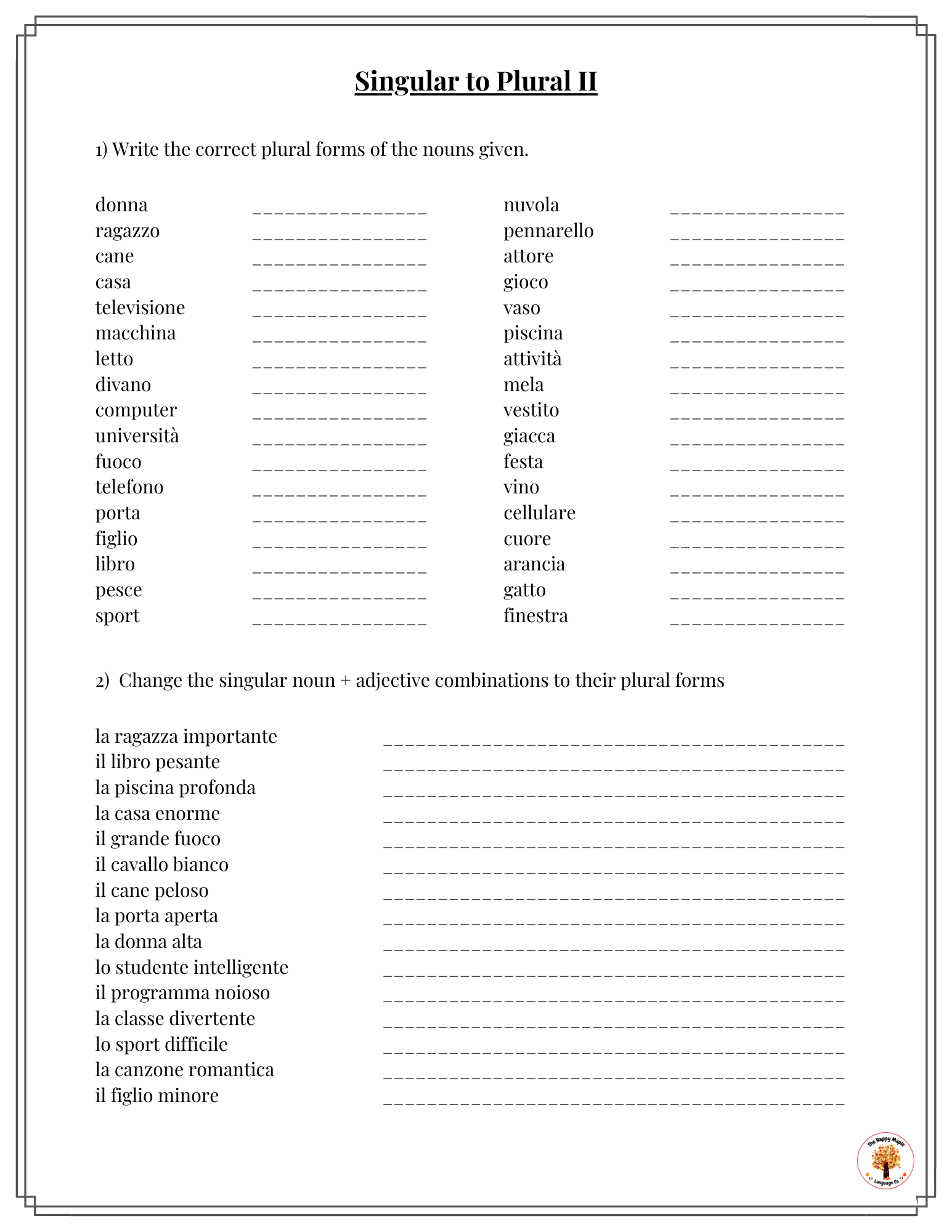 Italian Singular to Plural Worksheets - Grammar Exercises
