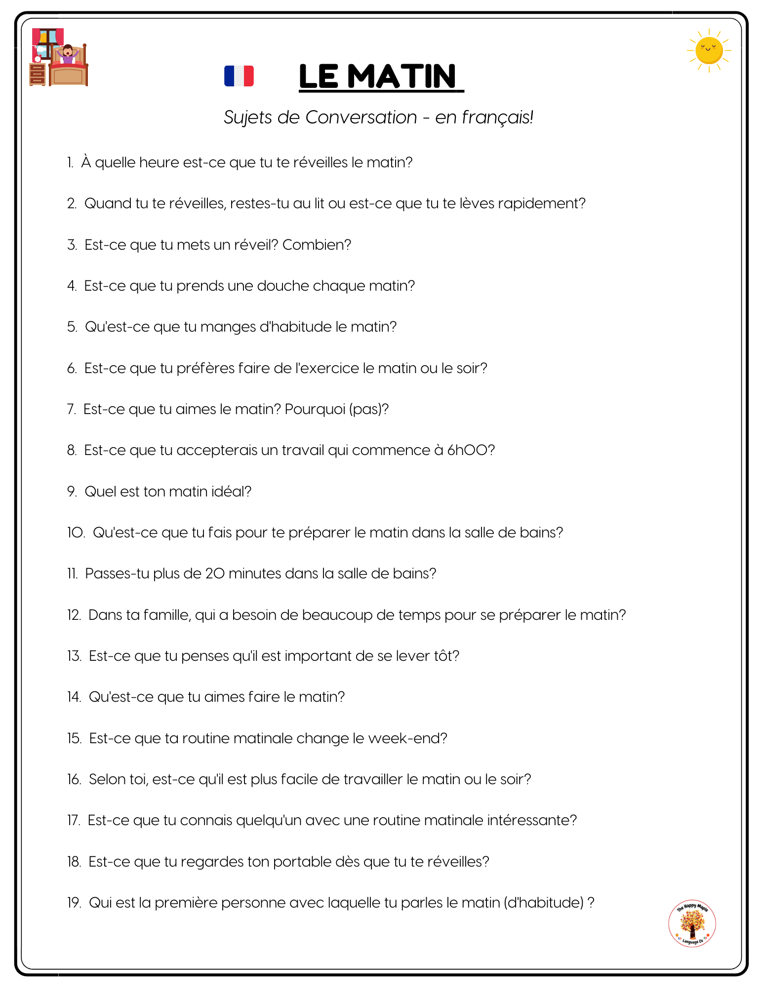 French Morning / Matin Conversation Questions Free Download