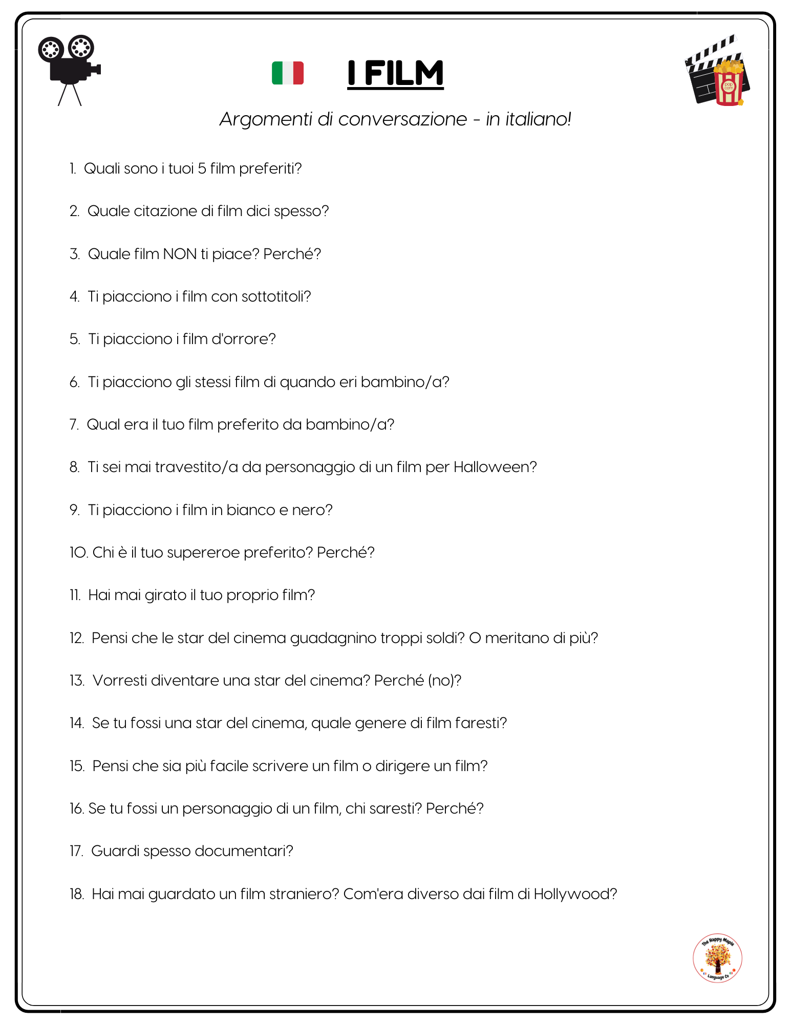 Italian Conversation Questions about movies / film PDF Free Download
