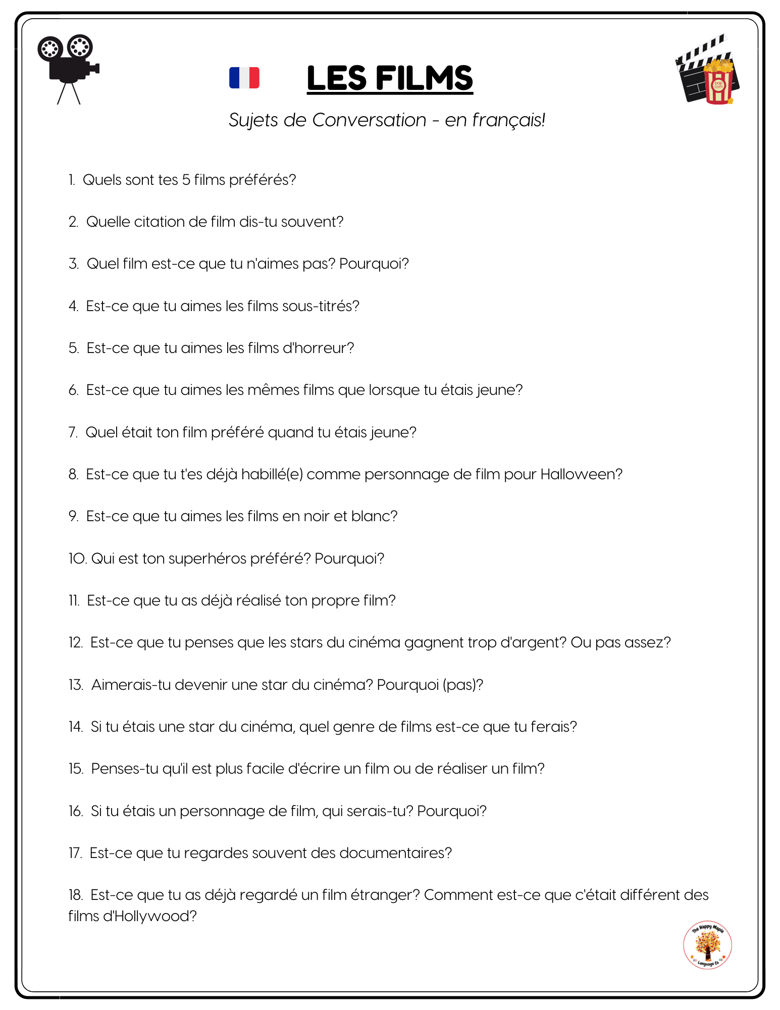 French Conversation Questions about Movies / Films Free PDF Download