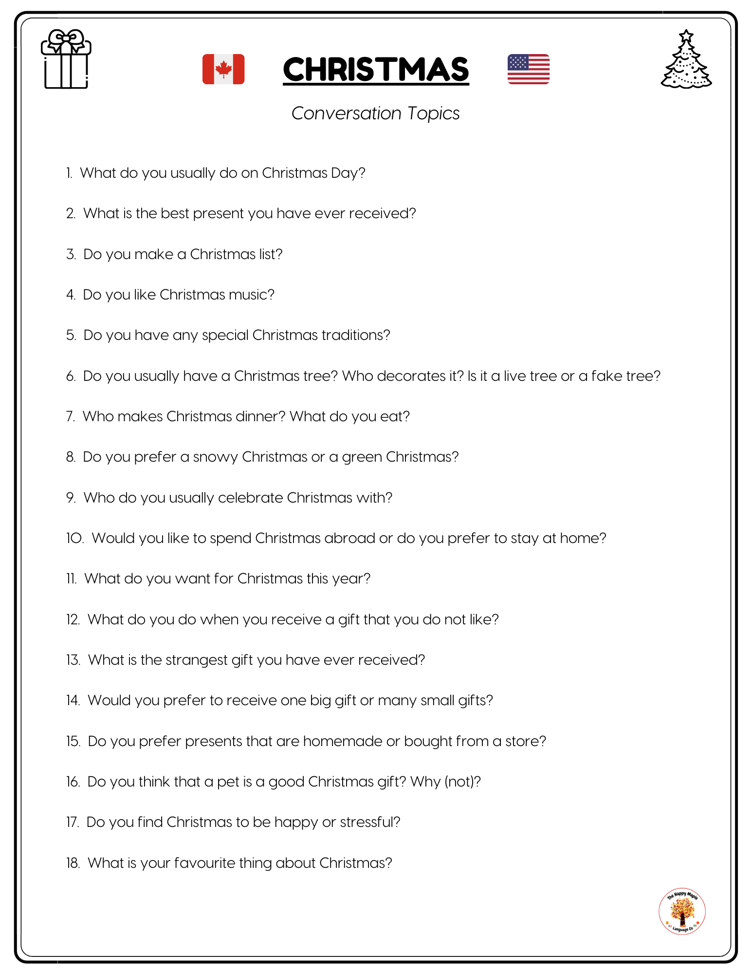 English ESL EFL Conversation Questions about Christmas Free Download