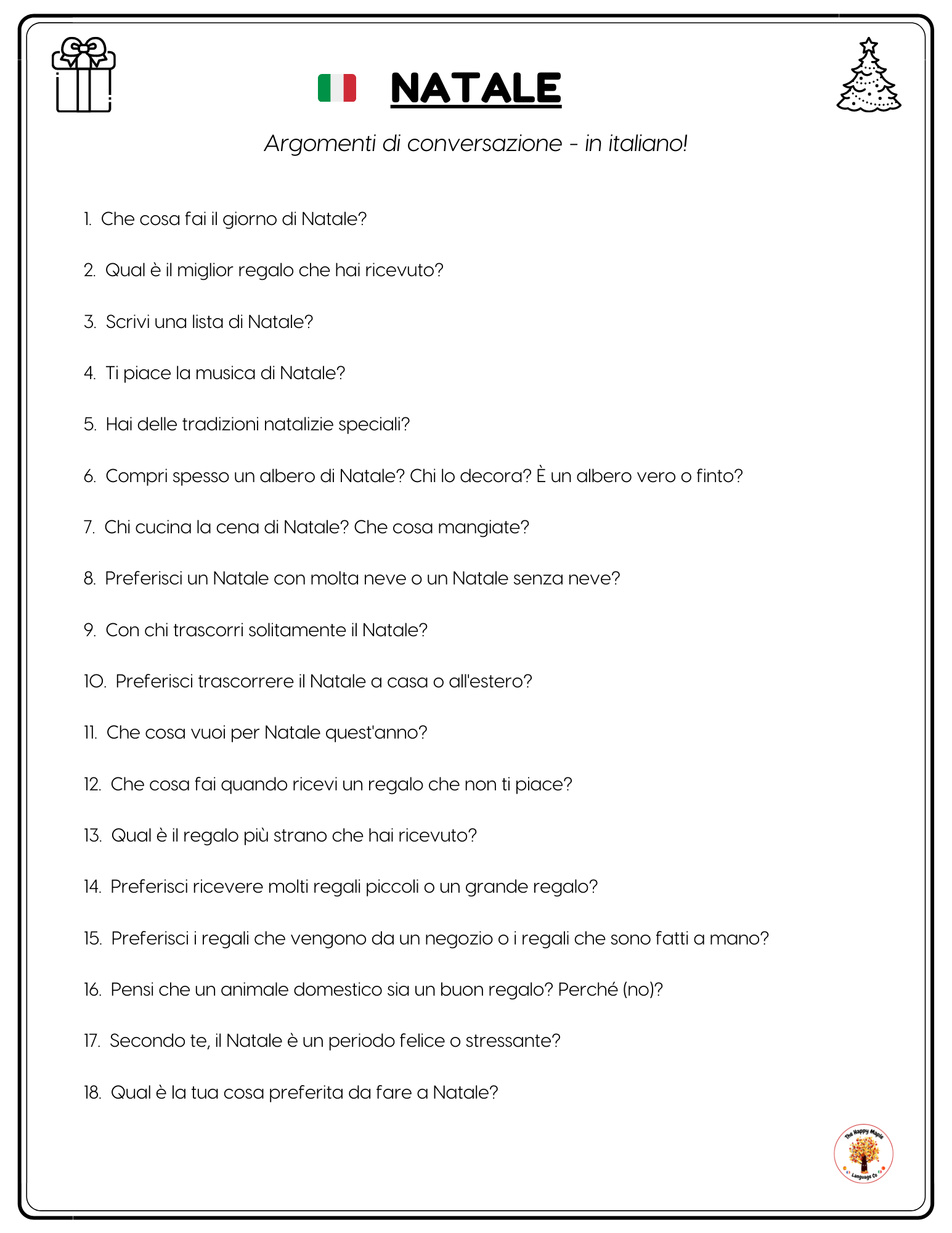 Italian Conversation Questions about Christmas / Natale Free PDF Download