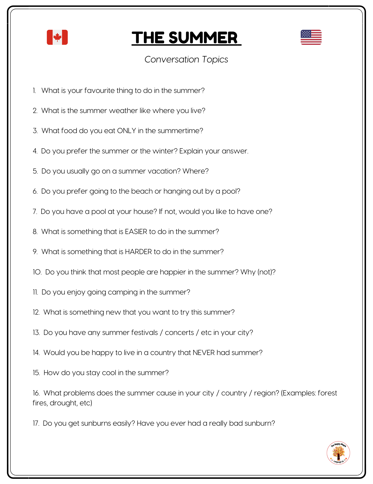 English ESL Discussion Questions about the Summer - Free PDF Printable Download
