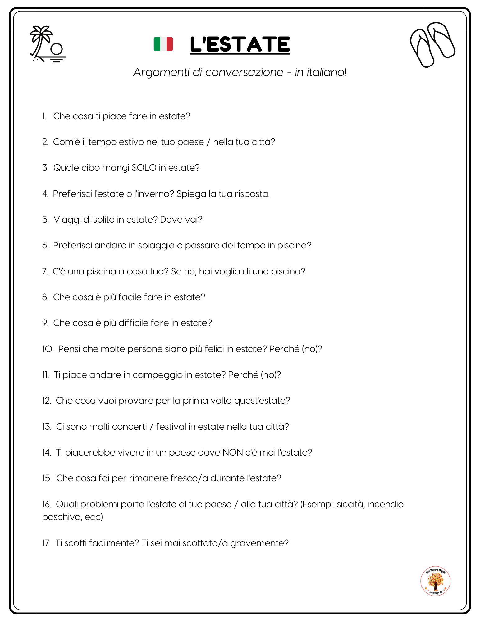 Free Italian Printable Conversation Questions for the Italian Classroom