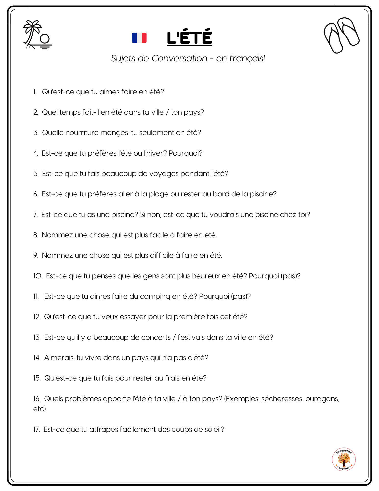 French Class Conversation Questions about Summer - French Speaking Activity