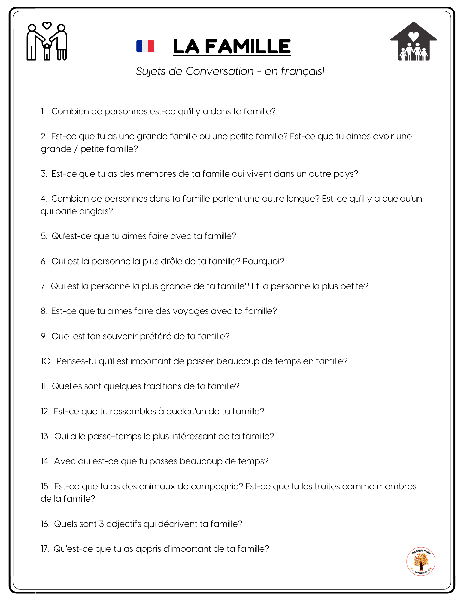 French Conversation Questions about Family / La famille Free PDF Download Printable File