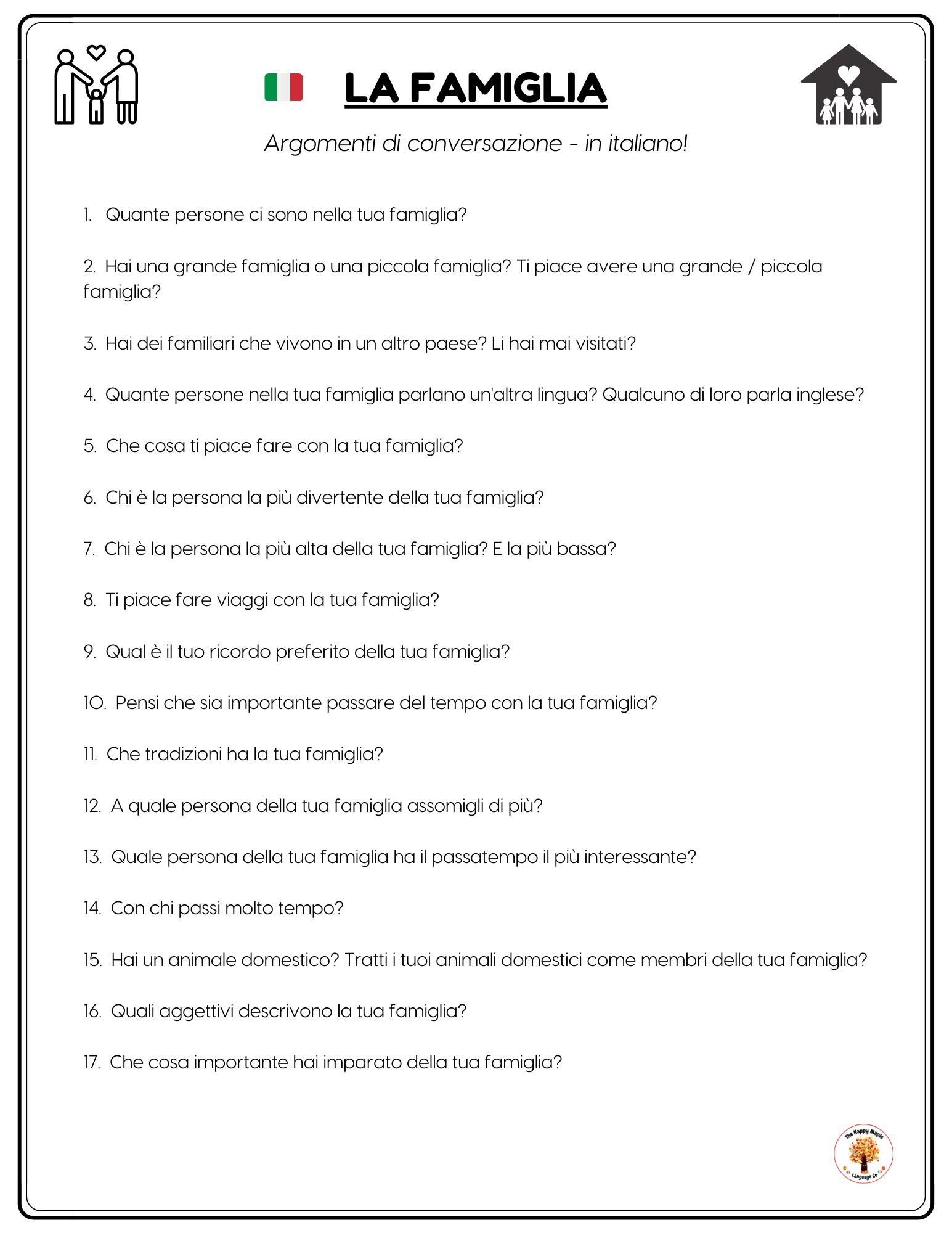 Free Italian Conversation Starters about Family / La famiglia Free PDF Download Printable