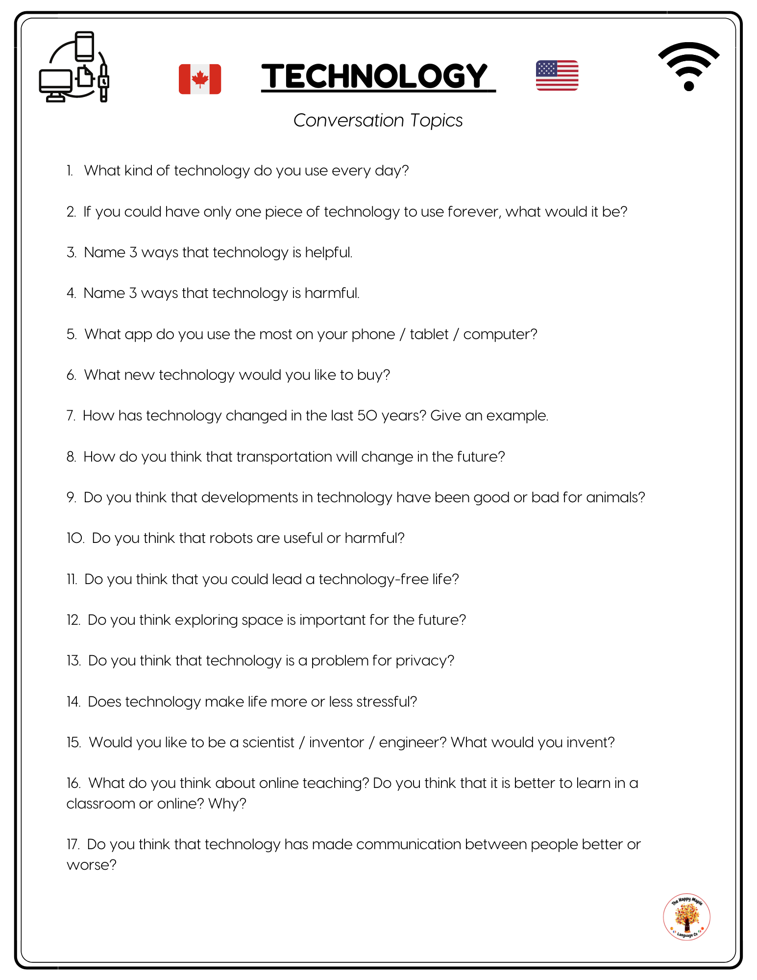 ESL EFL discussion questions about technology Free printable PDF download
