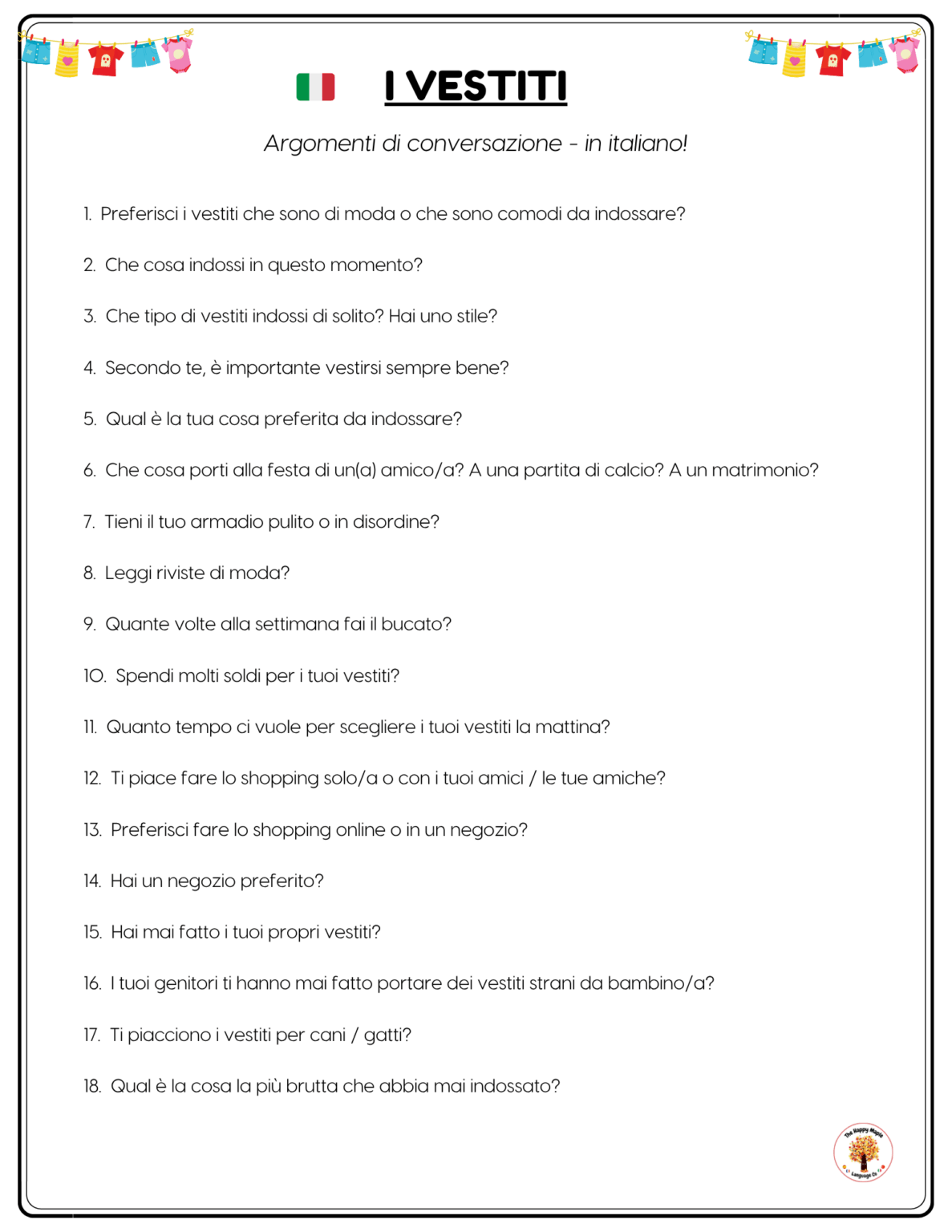 Italian Conversation Questions - I vestiti - The Happy Maple Language Co