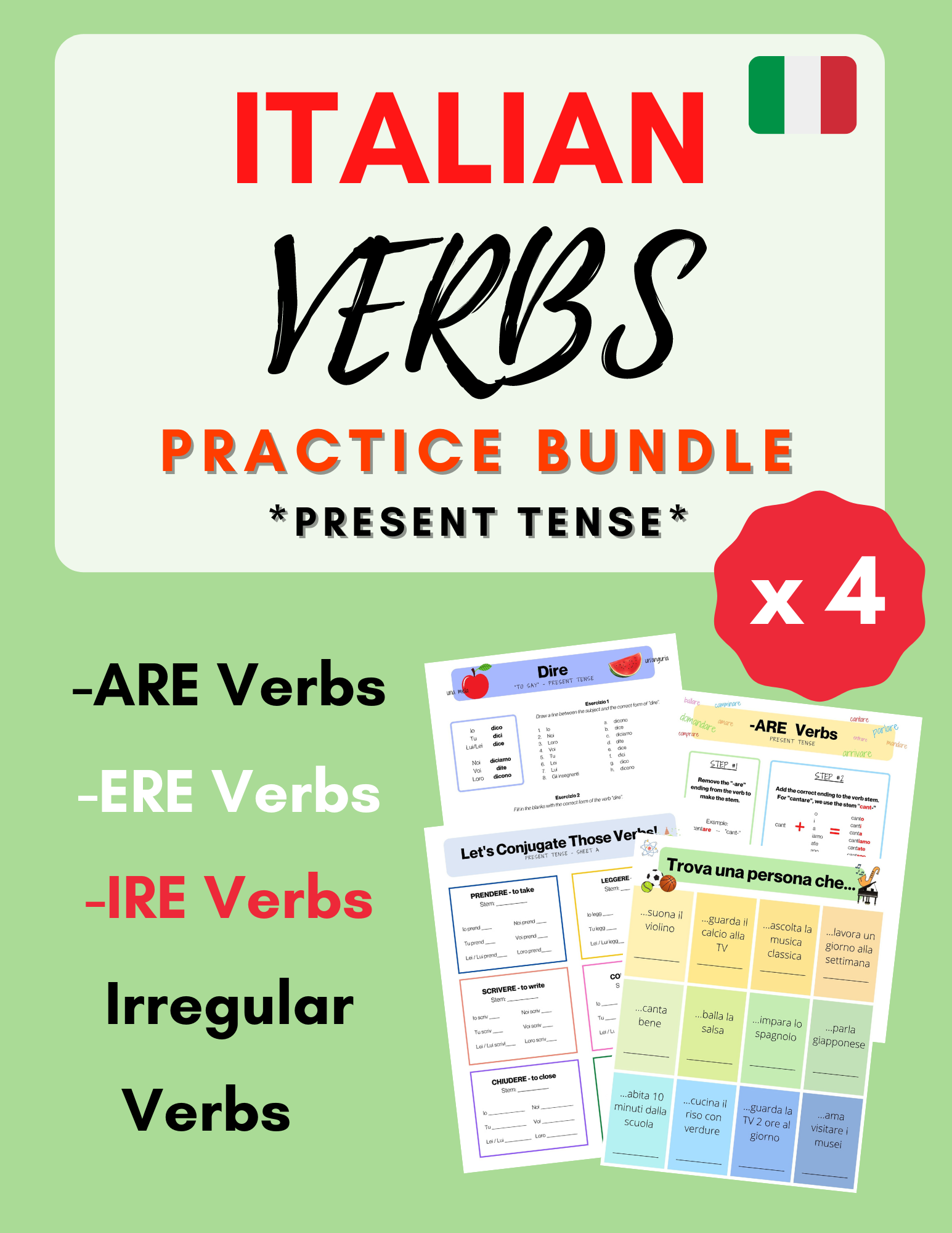 Italian Present Tense Verbs Grammar Practice Worksheets