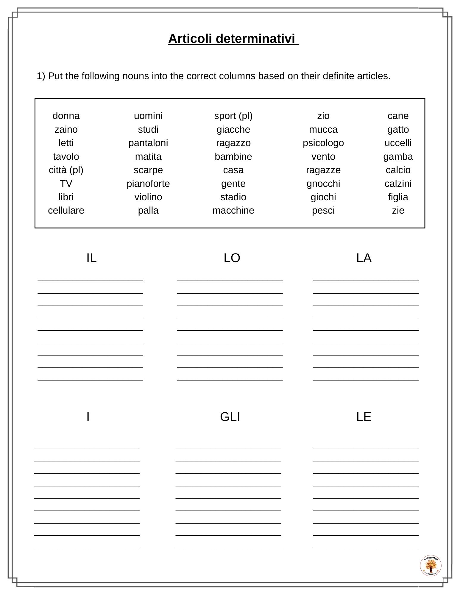 Italian Definite Article / Articoli determinativi Free Grammar Worksheets