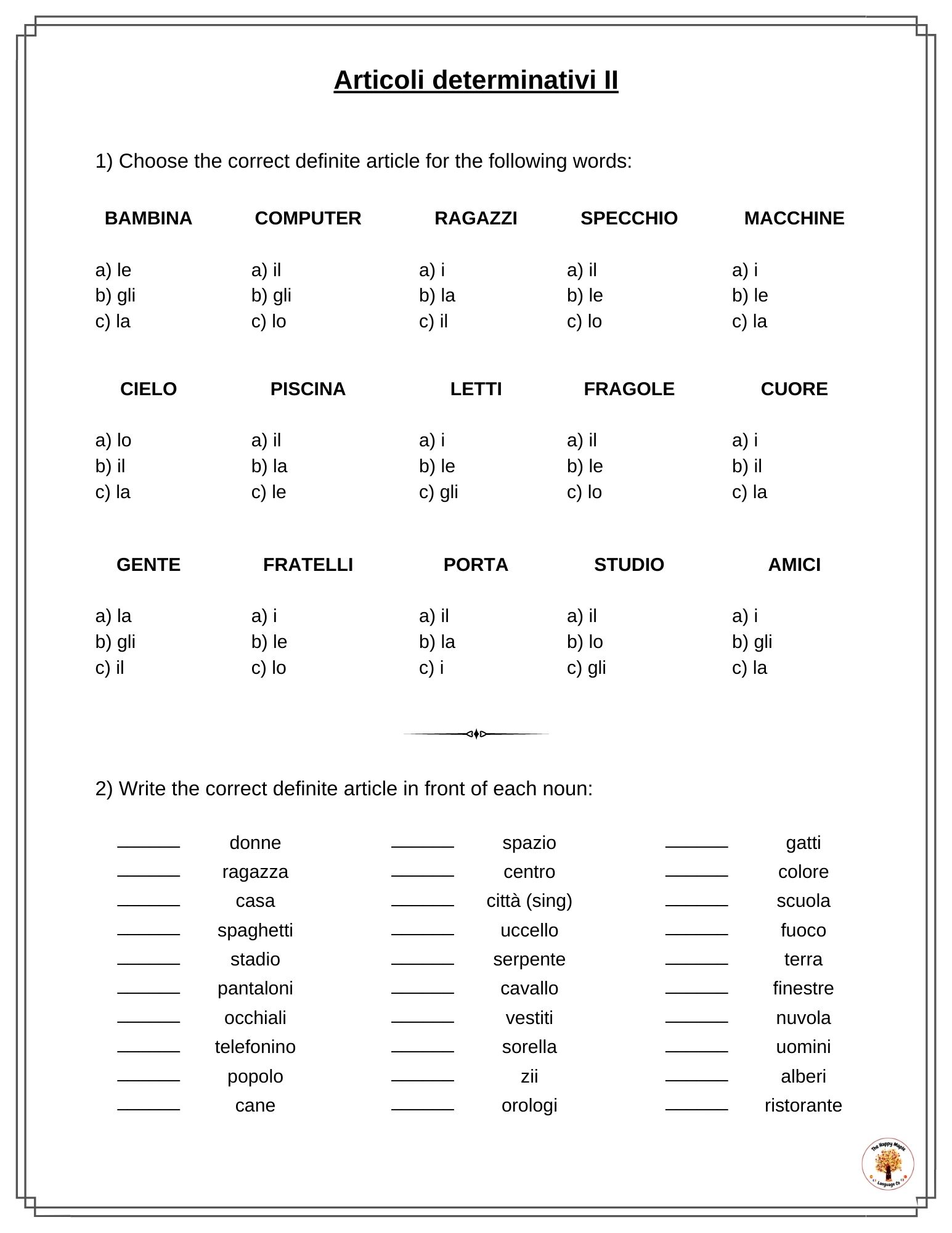 Italian Definite Article / Articoli determinativi Free Grammar Worksheets Part 2