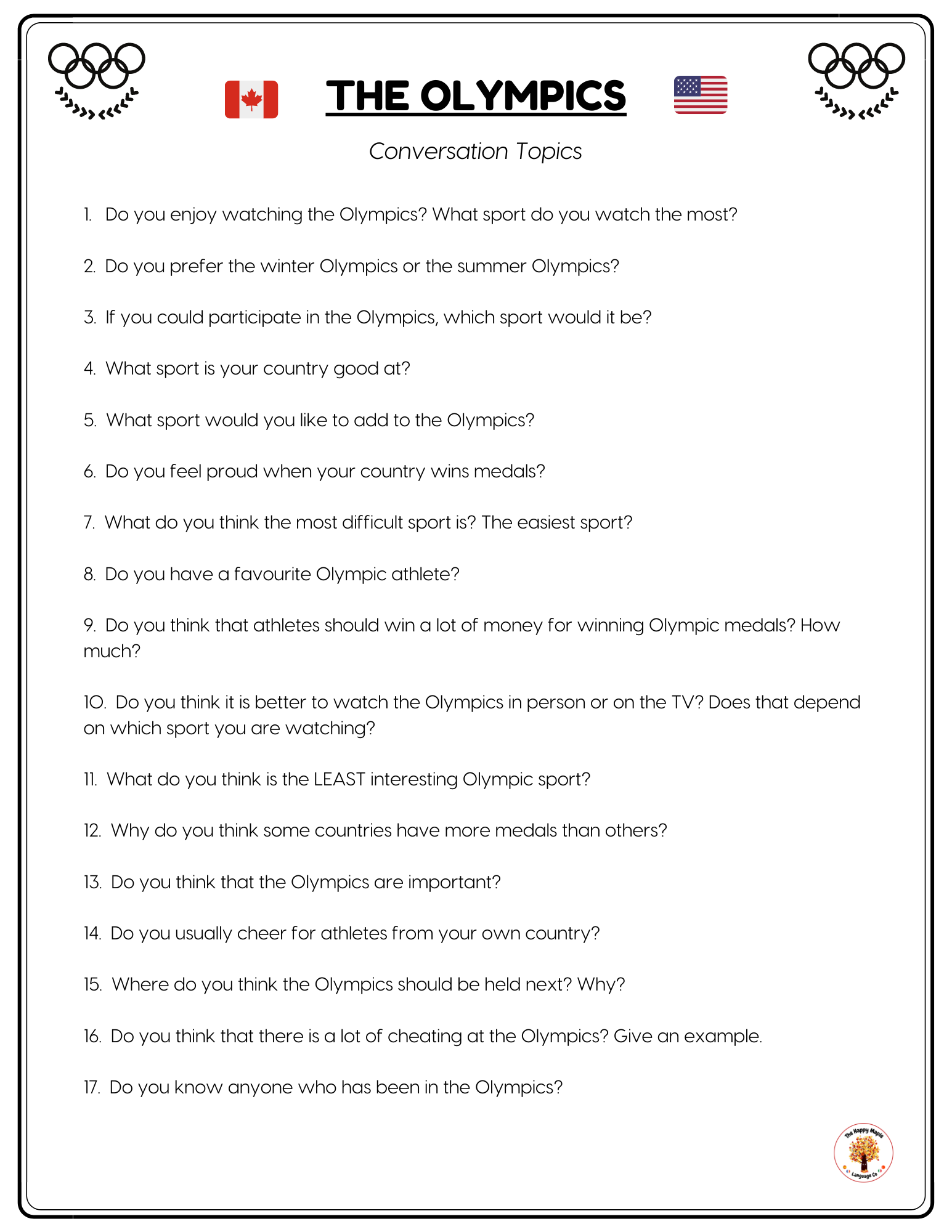 Olympic Games ESL discussion questions for English Language Learners ELLs