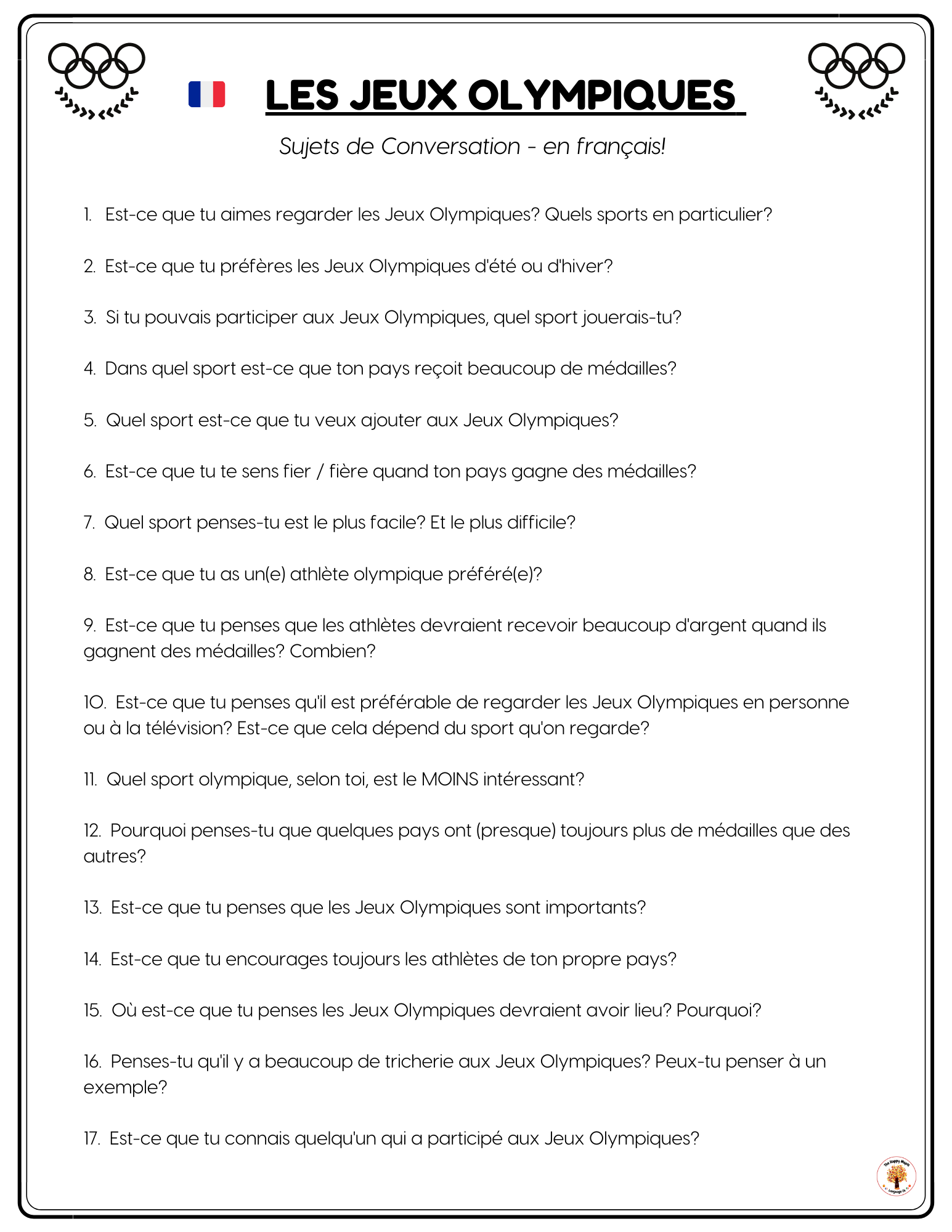 French Discussion Questions - Les Jeux Olympiques / Olympic Games Free Printable Download