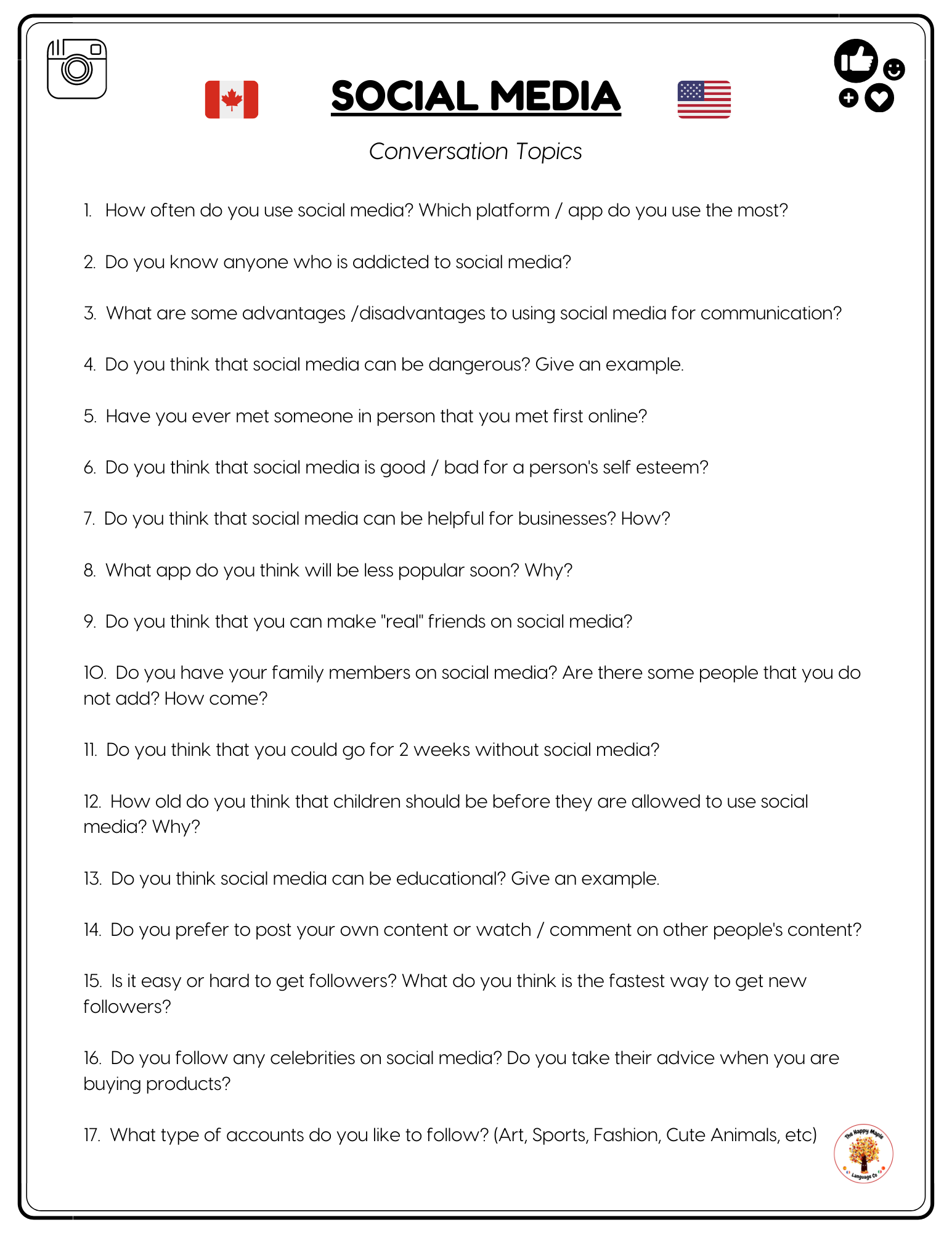Free Printable ESL Conversation Questions about Social Media