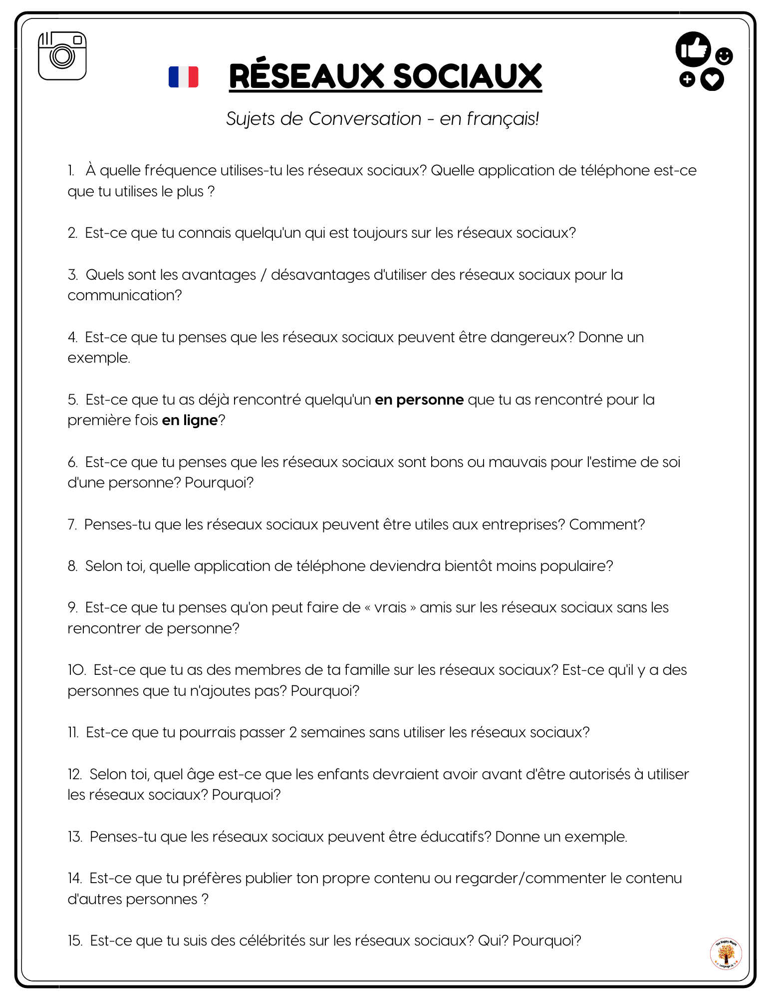 Free Printable French Discussion Questions about Social Media