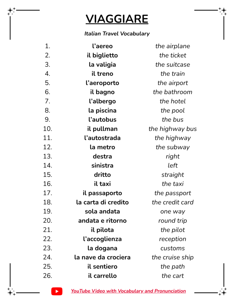 Italian Travel / Viaggiare Vocabulary List Free PDF Download