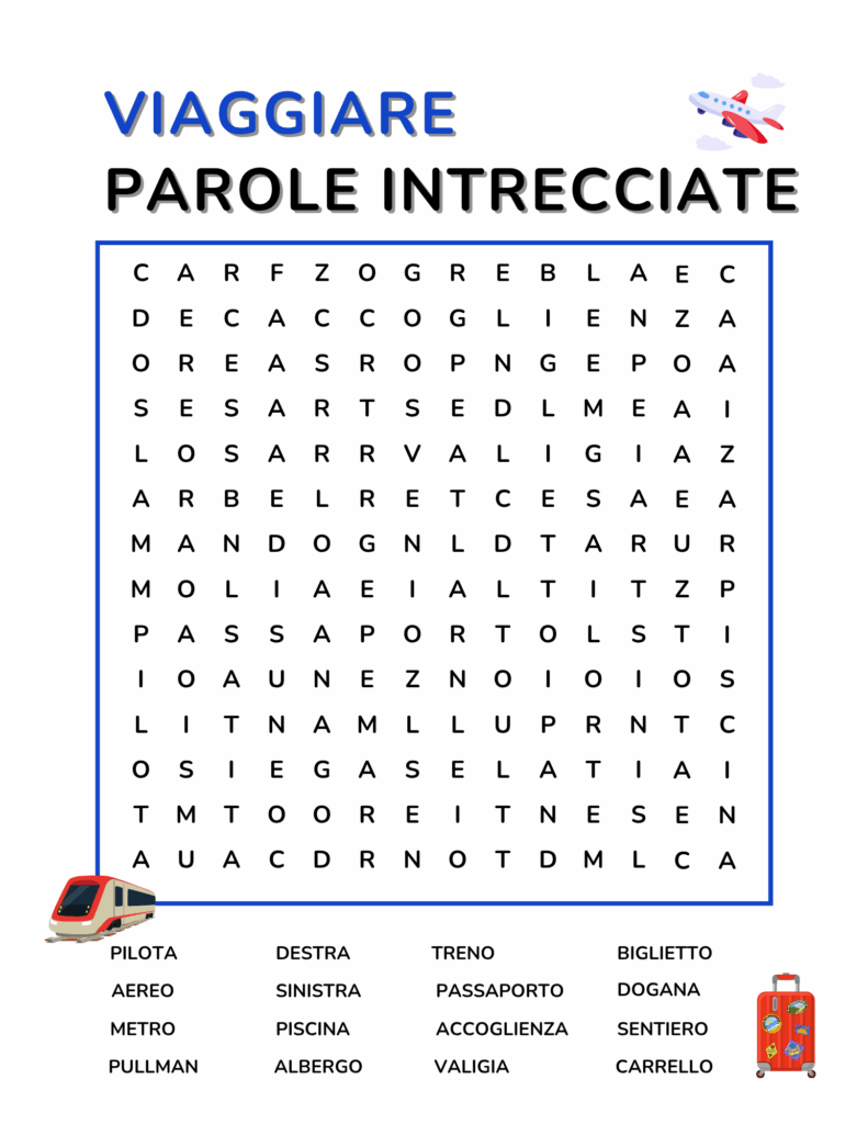 Italian Travel Vocabulary Word Search - Viaggiare - Free PDF Download