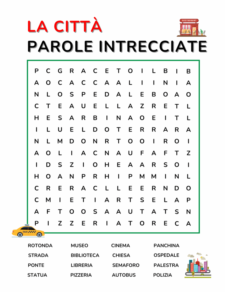 Italian City Vocabulary - La città - Free PDF Download Word Search