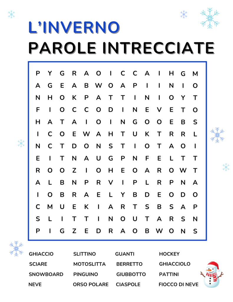 Italian Winter Vocabulary - L'inverno - Word Search Free PDF Download