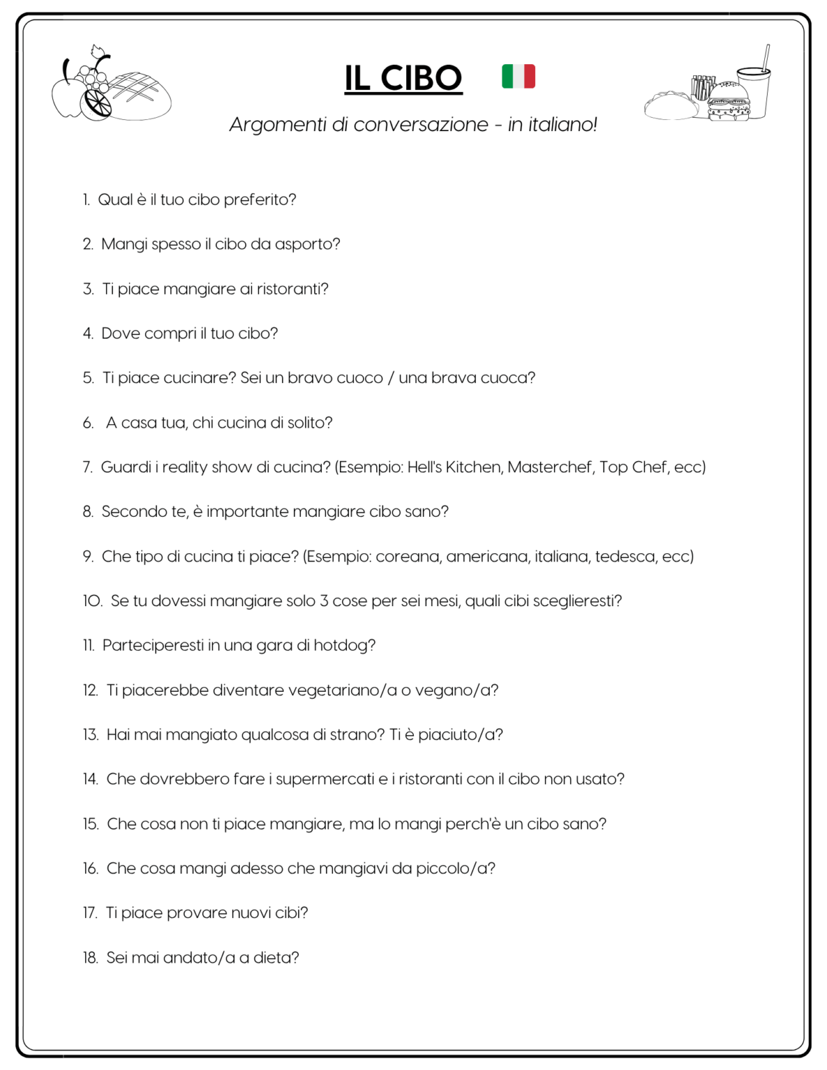 Italian Food Conversation Questions - Questions about il cibo italiano