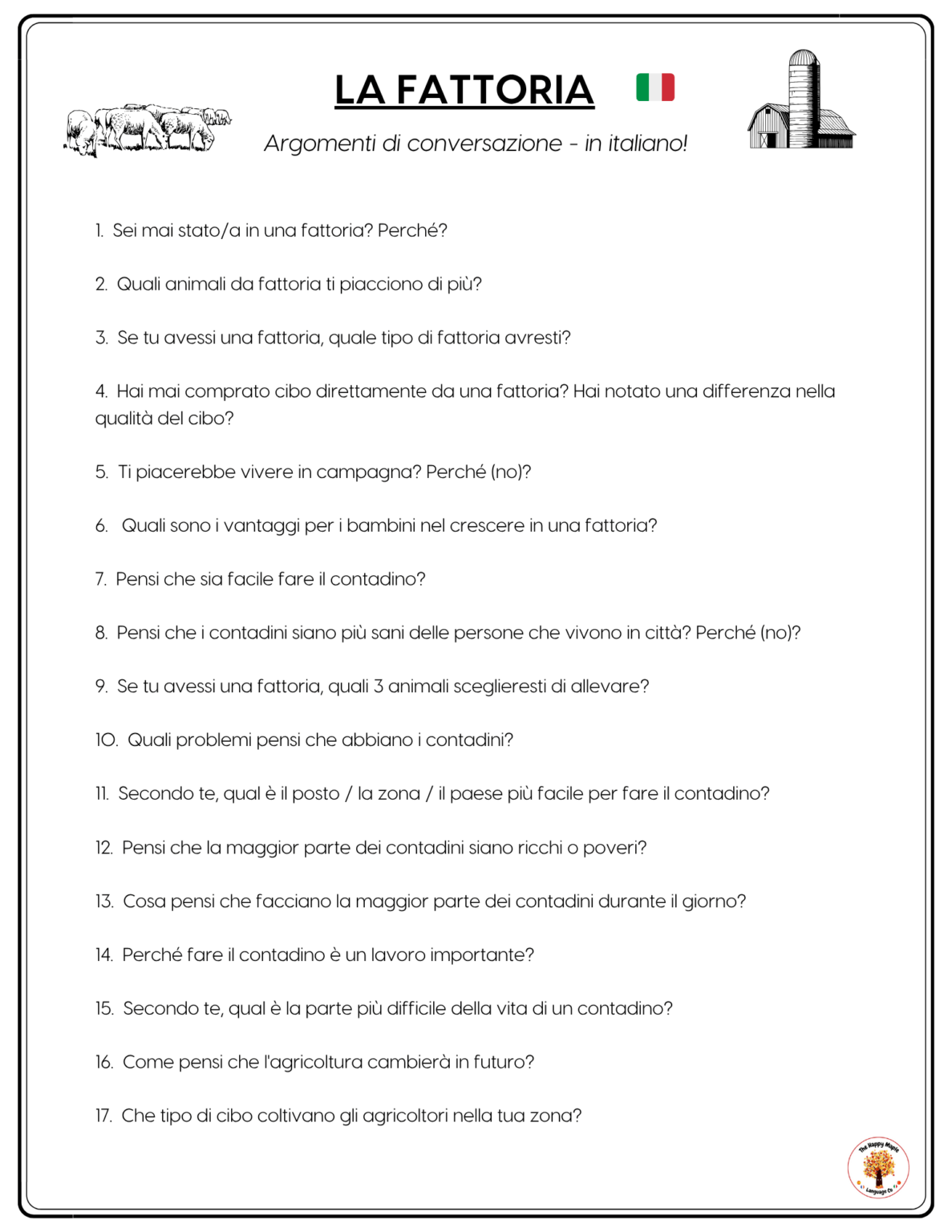 Italian Farm Animals Conversation Questions for Intermediate Italian or Advanced Italian - Farm Writing Prompts for Italian