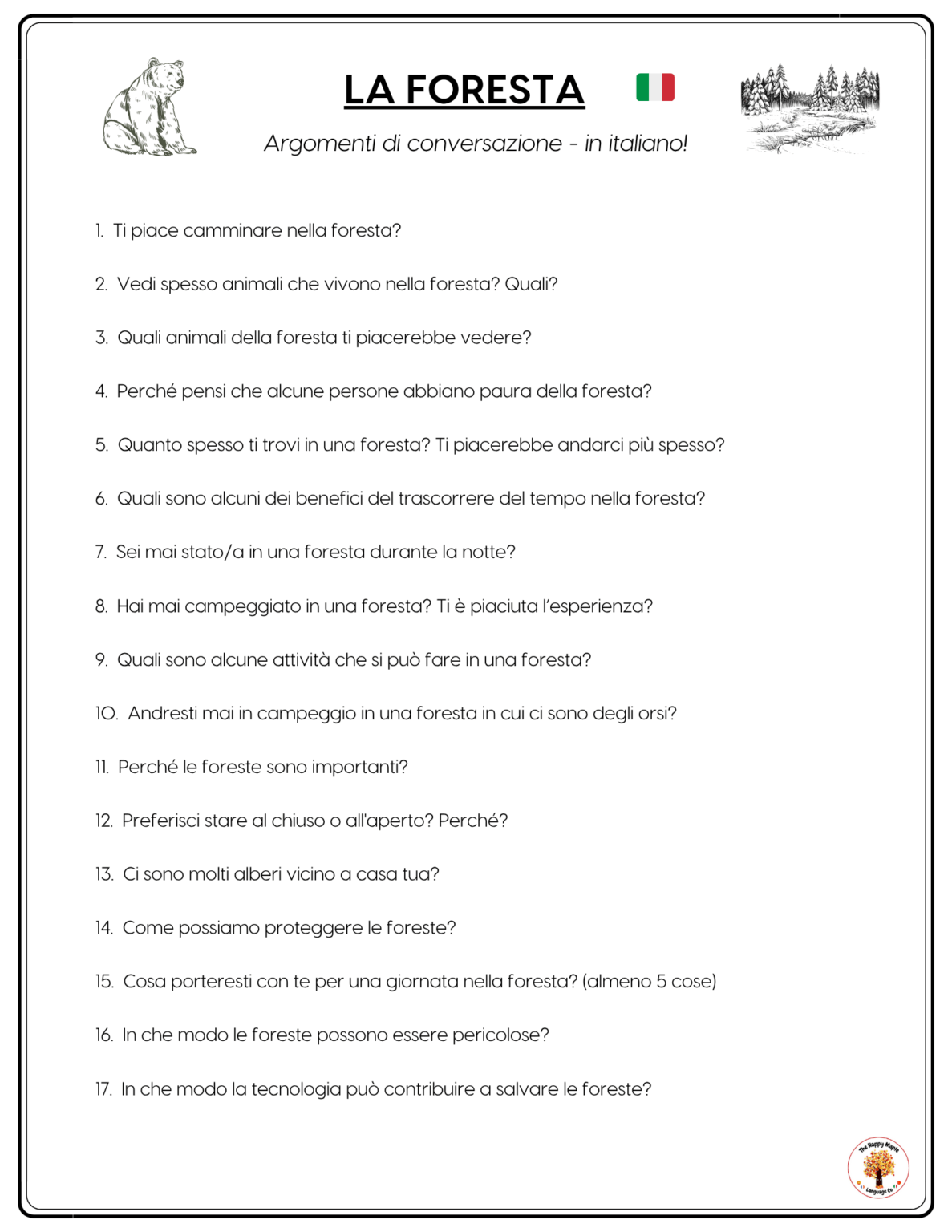 Italian Forest / La foresta Vocabulary Conversation Questions Free Download