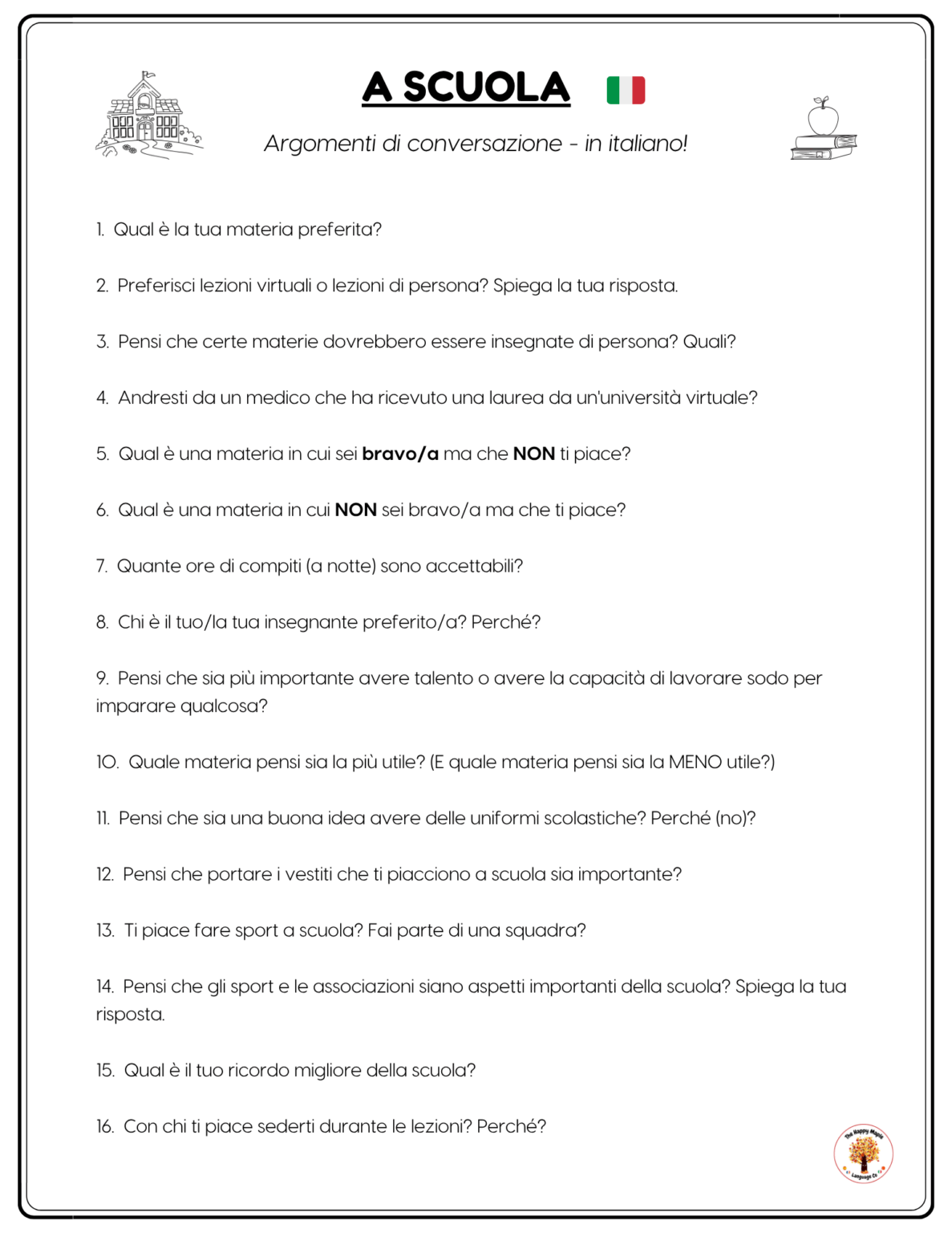 Italian School La scuola Conversation Questions Free Download