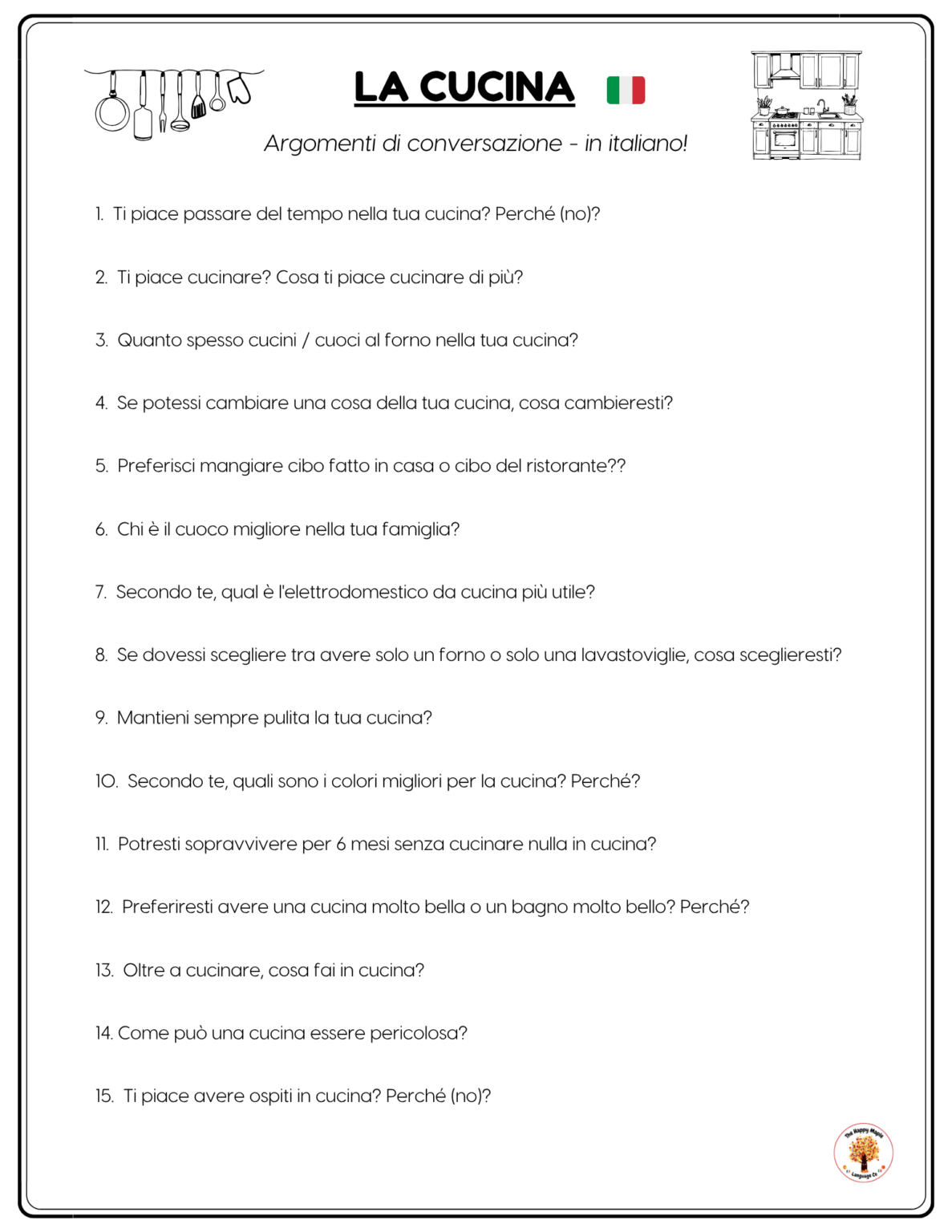 Italian Kitchen La cucina Conversation questions and Writing Prompts