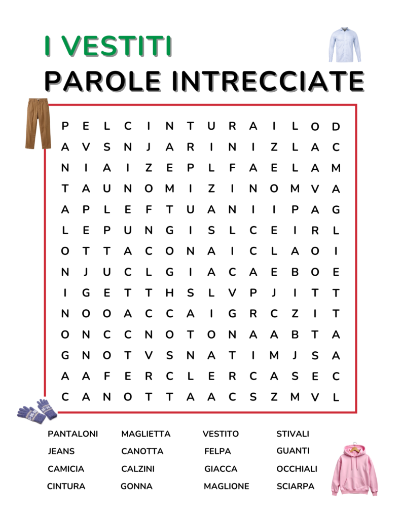Italian Clothing Vocabulary Word Search Free PDF Download