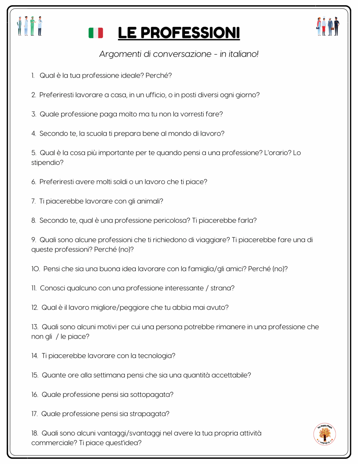 Italian Jobs / Professions Conversation Questions / Writing Prompts Free PDF Download