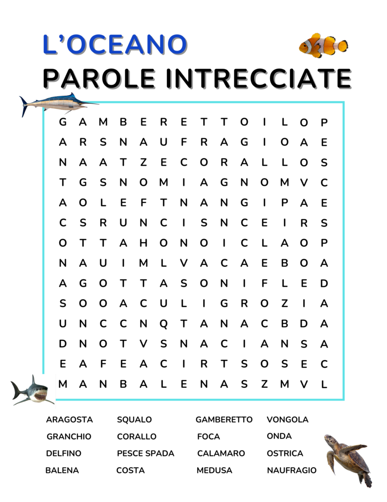 Italian Ocean Vocabulary Words Word Search Free PDF Download