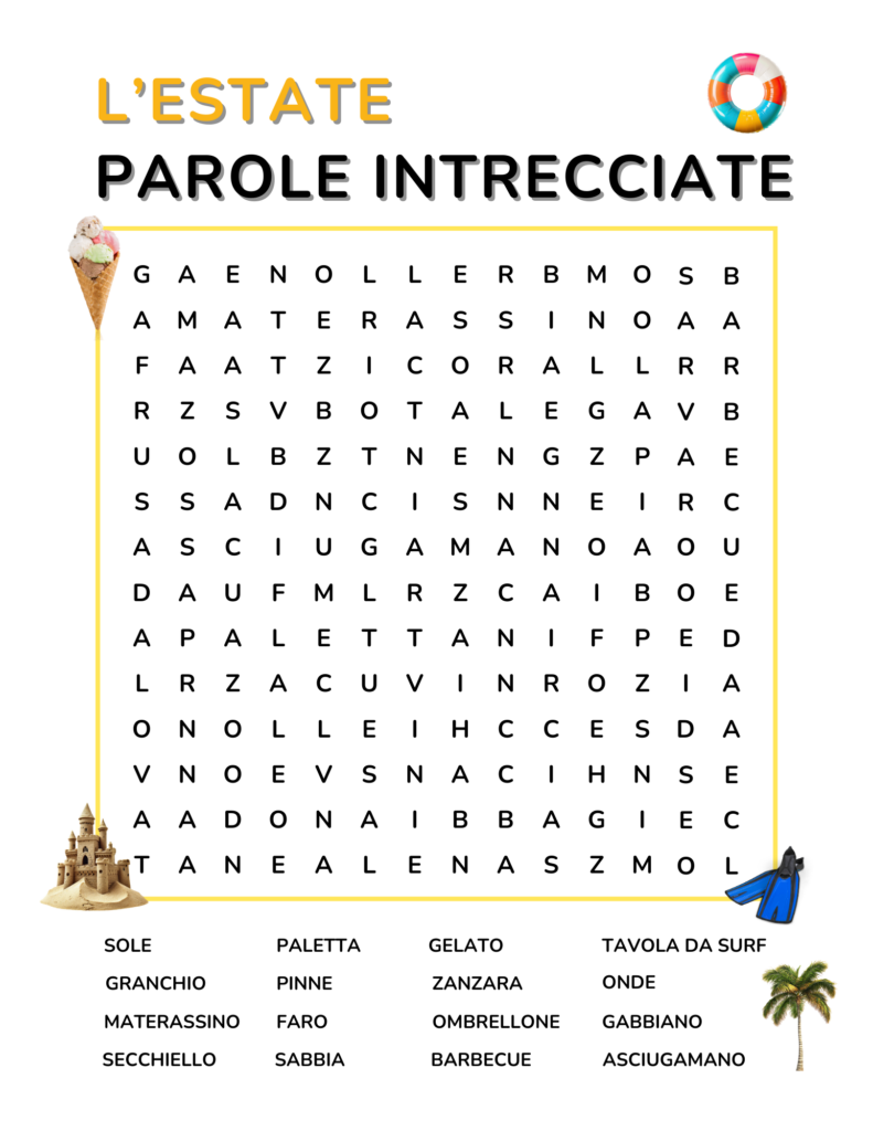 Italian Summer Vocabulary Words Word Search Free PDF Download