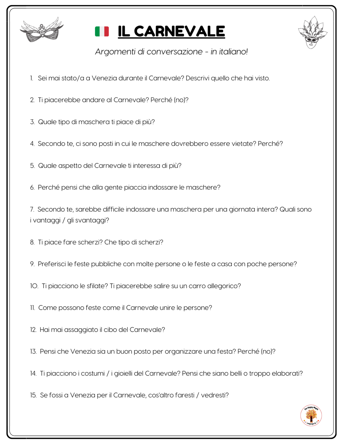 Italian Carnevale di Venezia Conversation Questions and Writing Prompts Free Download