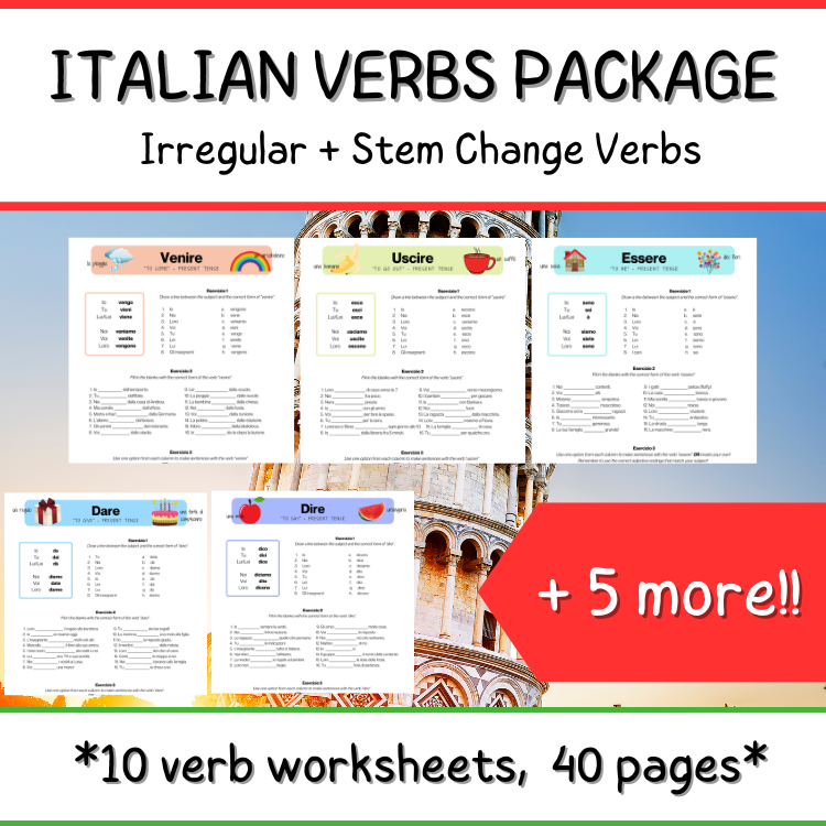 Italian Irregular Verbs Conjugation Practice Worksheets for Beginners