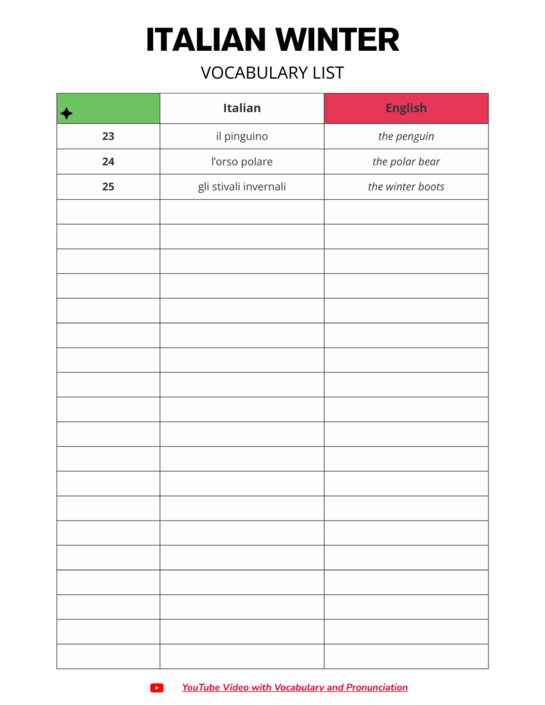 Italian Winter Inverno Vocabulary Word List Free PDF Download