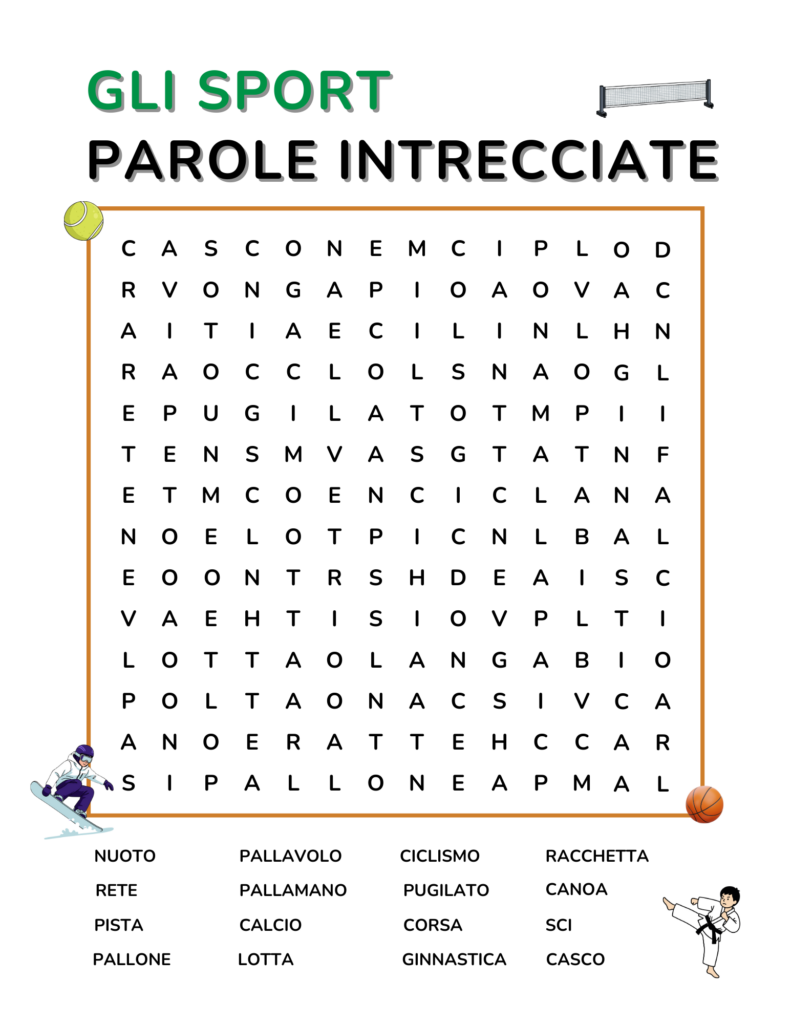 Italian Sports Vocabulary Word Search Free PDF Download