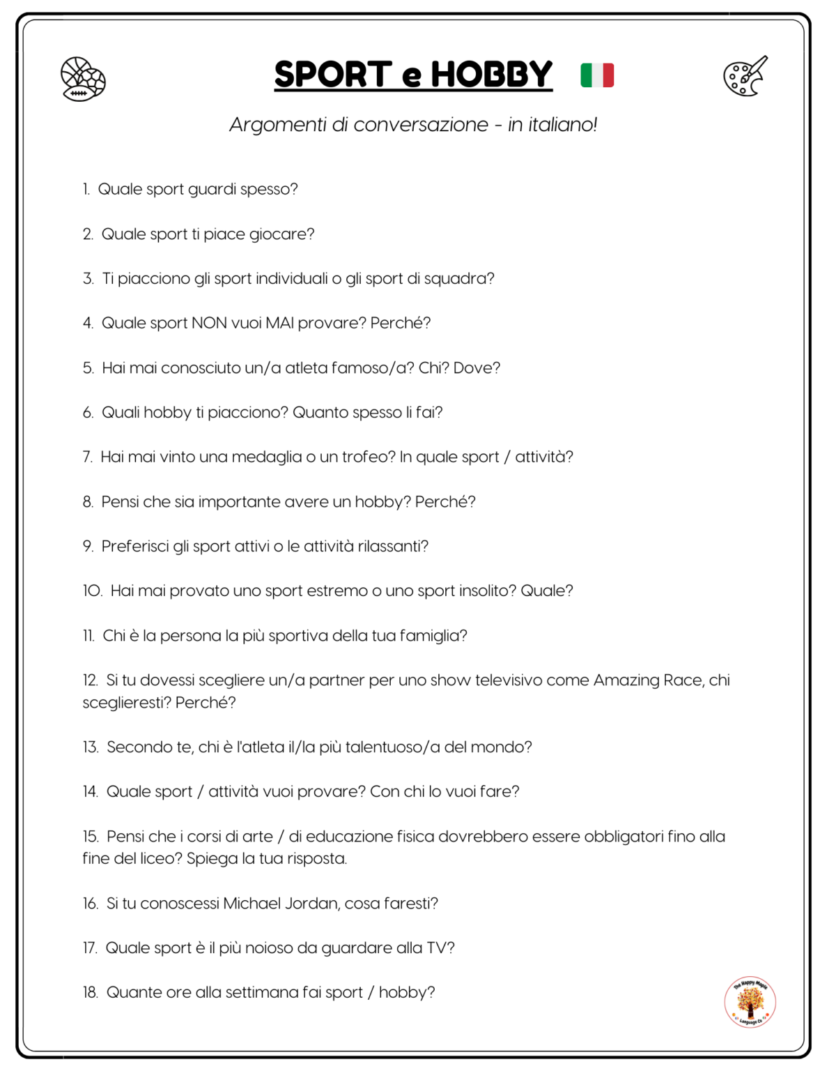 Italian Sports Vocabulary Conversation and Discussion Questions List Free Download