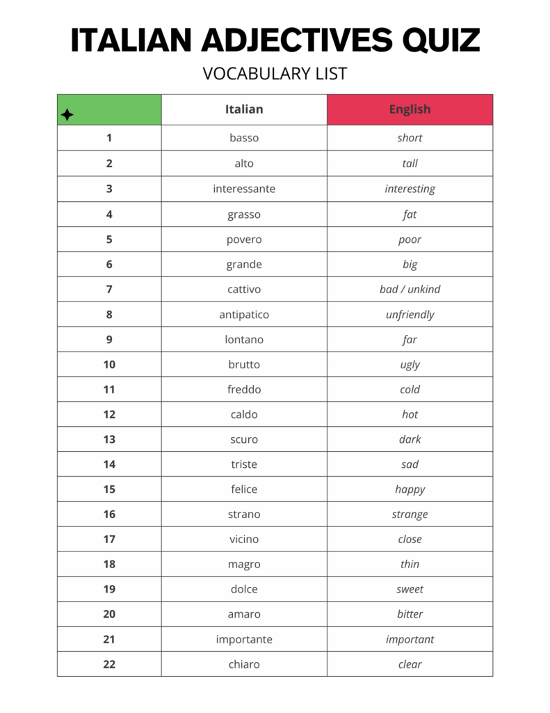 Italian Adjectives Free Printable PDF Vocabulary List