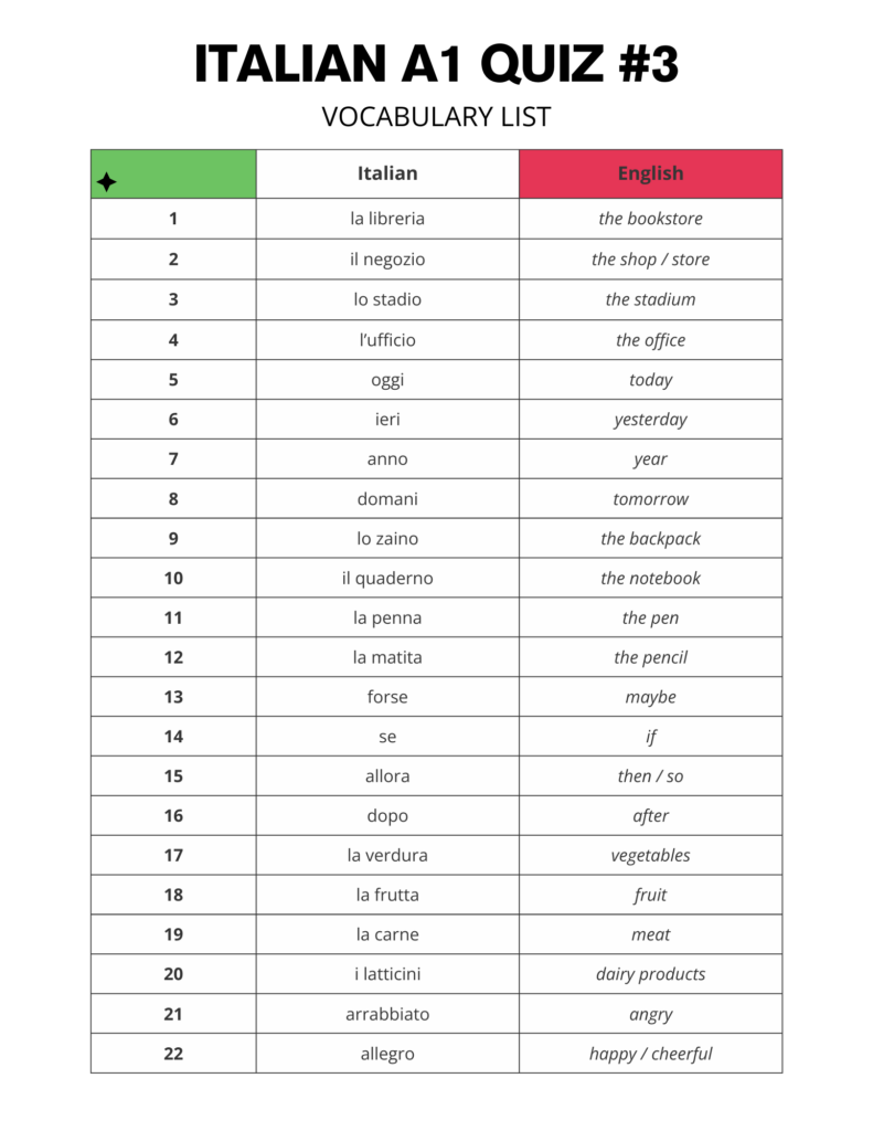 Italian A1 Words Vocabulary List Free PDF Download for Quiz 3