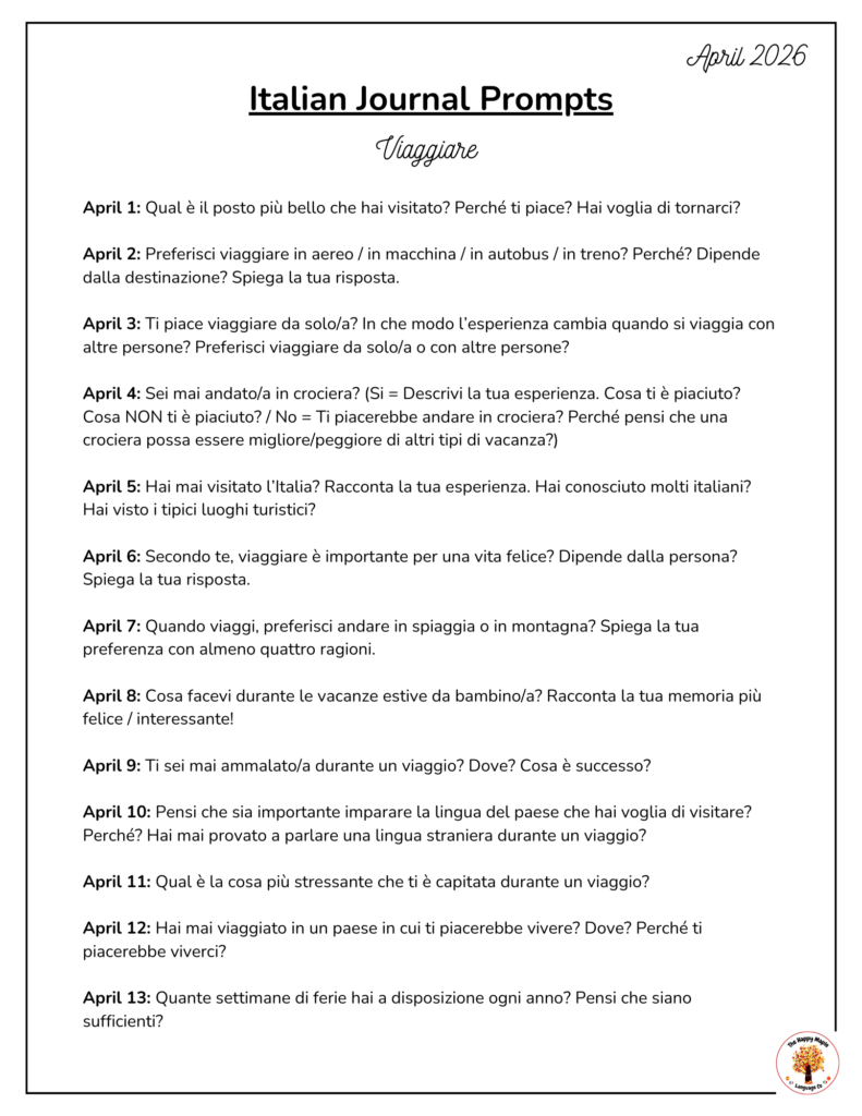 Italian Language Journal Writing Prompts for April 2026 - Free Printable PDF