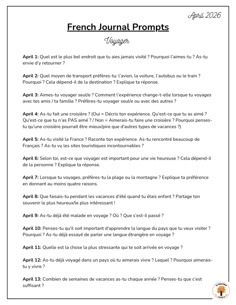 ree French Resources Daily Journal Writing Prompts Printable PDF Download April 2026