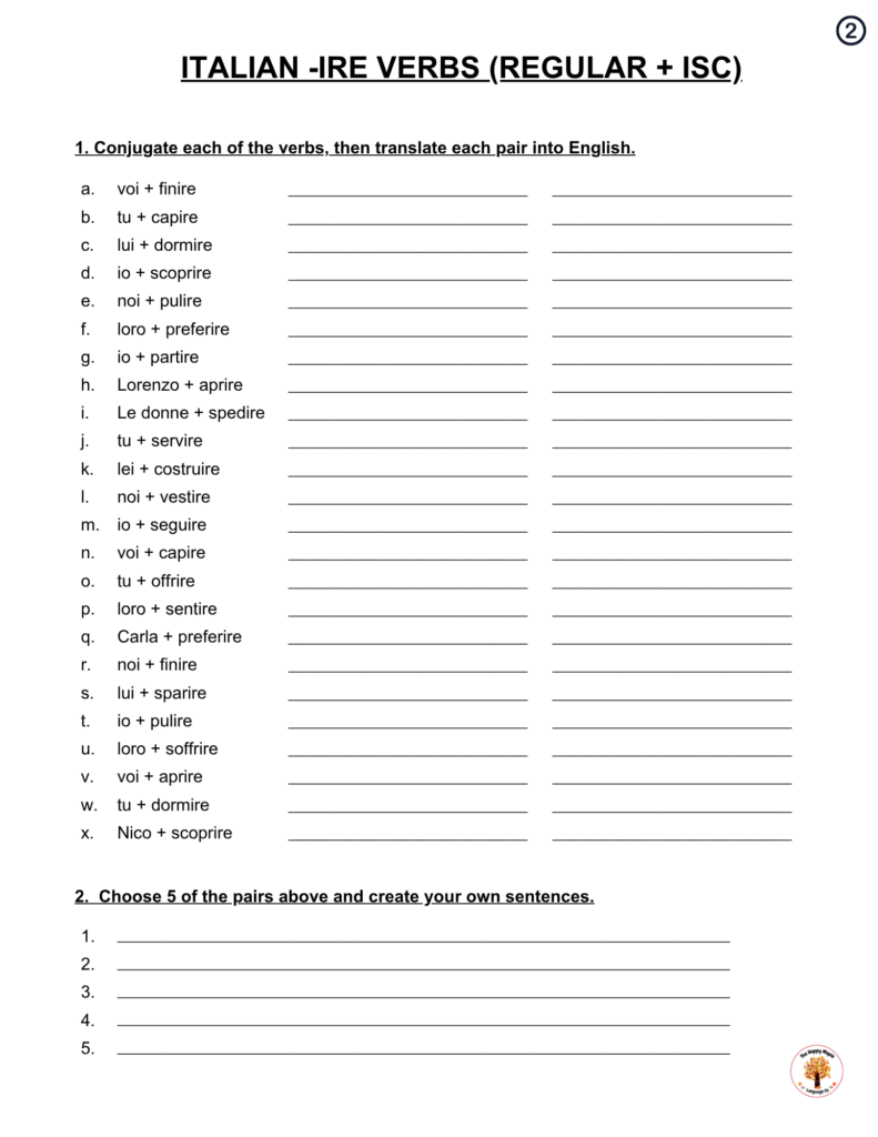 Free Italian Grammar Resources - IRE Verbs Conjugation Worksheet PDF Download