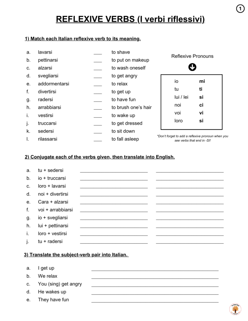 Free Italian Reflexive Verbs Conjugation Worksheets Printable PDF Download