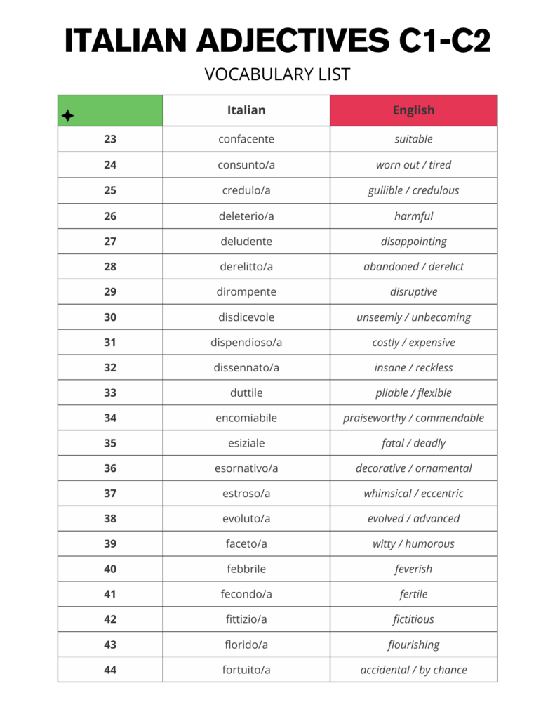 Printable Italian Adjectives Vocabulary List C1 - C2 Words Free PDF Download